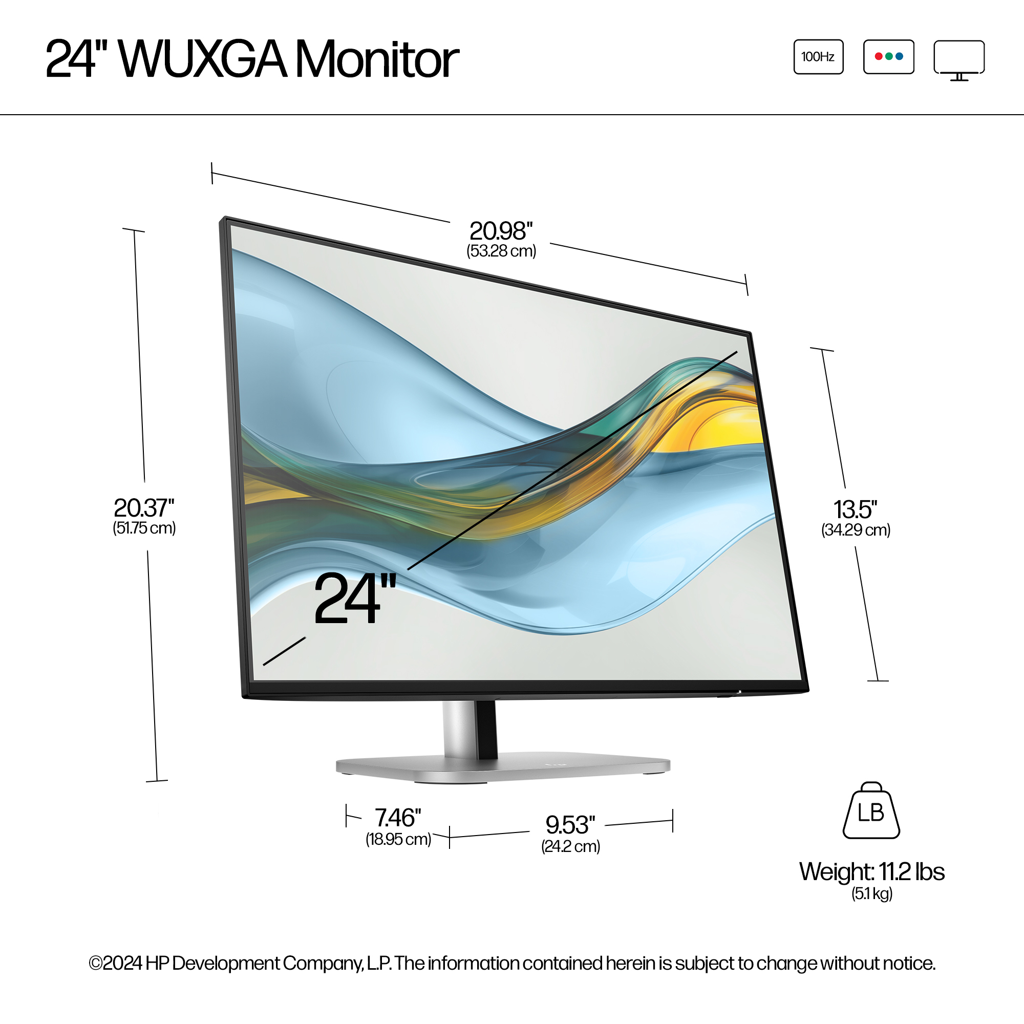 Un monitor WUXGA da 24 pollici con dimensioni etichettate. Lo schermo mostra un'immagine astratta con colori blu e giallo.