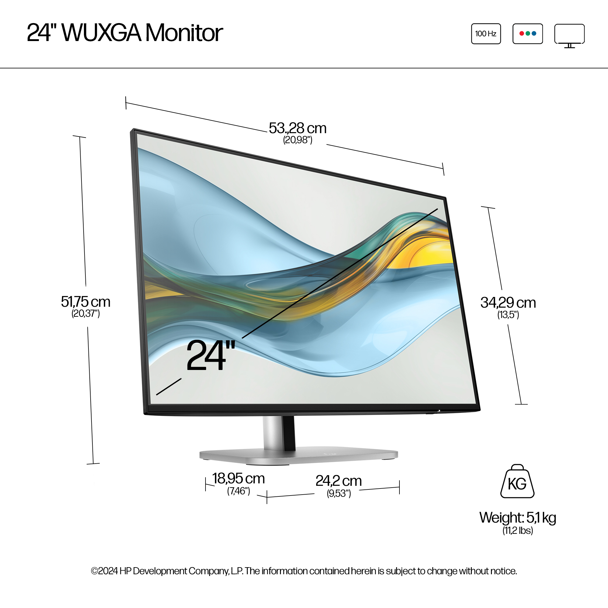Un monitor WUXGA de 24 pulgadas, con dimensiones etiquetadas. Tiene un soporte plateado y muestra una imagen abstracta colorida.