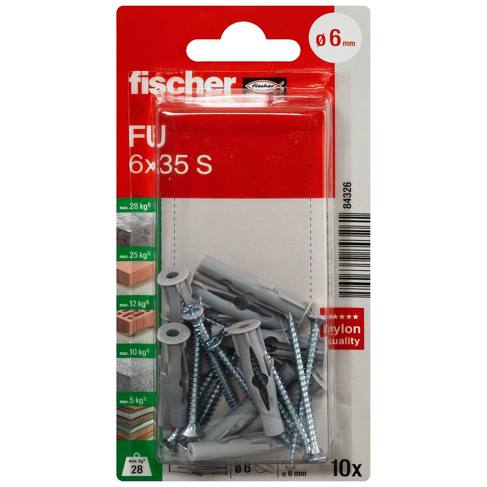 Paket mit Fischer-Dübeln und Schrauben. Rote und weiße Verpackung mit Produktdetails und Tragfähigkeitsinformationen.