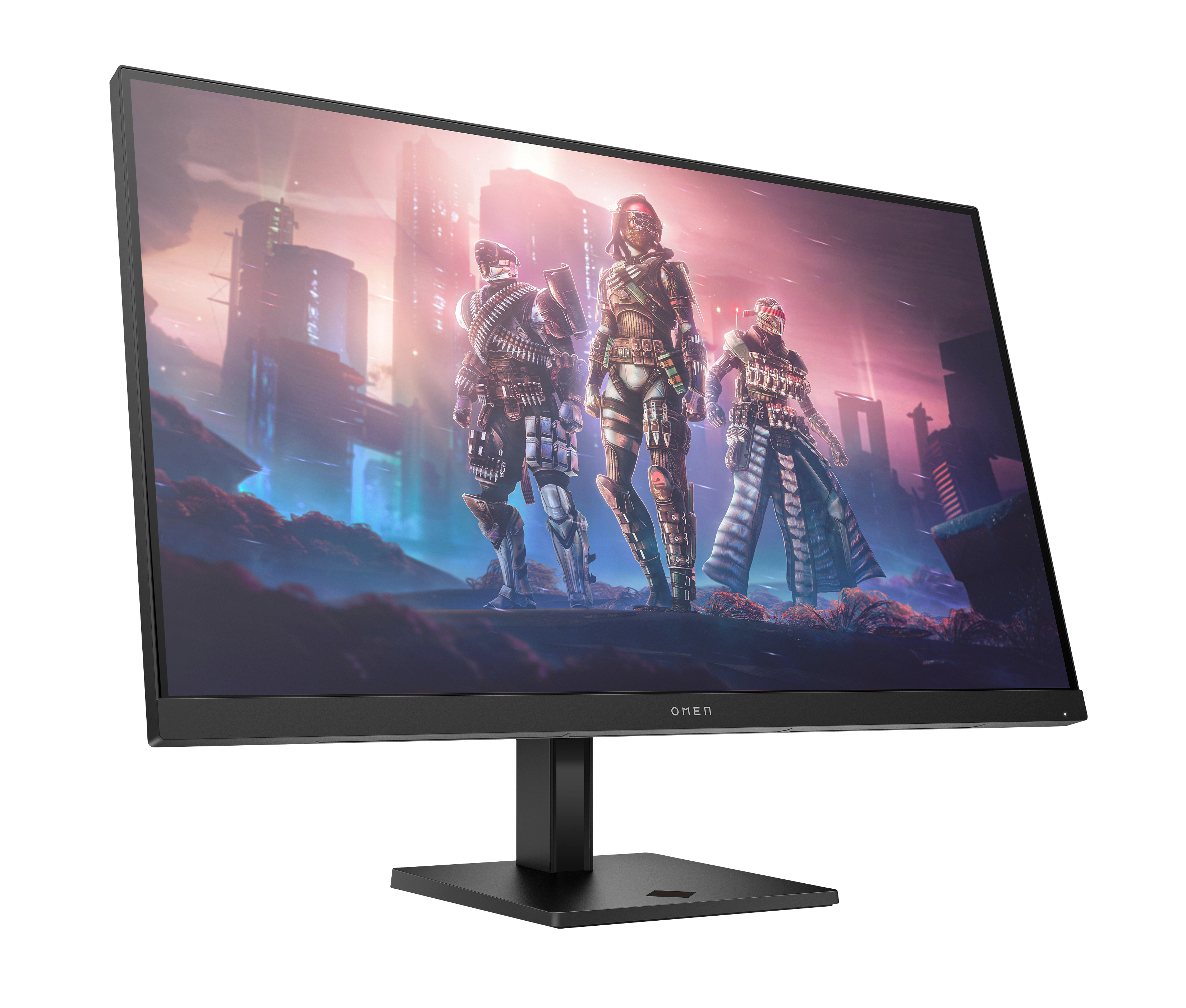 Un monitor OMEN nero mostra una scena futuristica con tre figure in armatura. Il monitor è su un supporto su sfondo bianco.