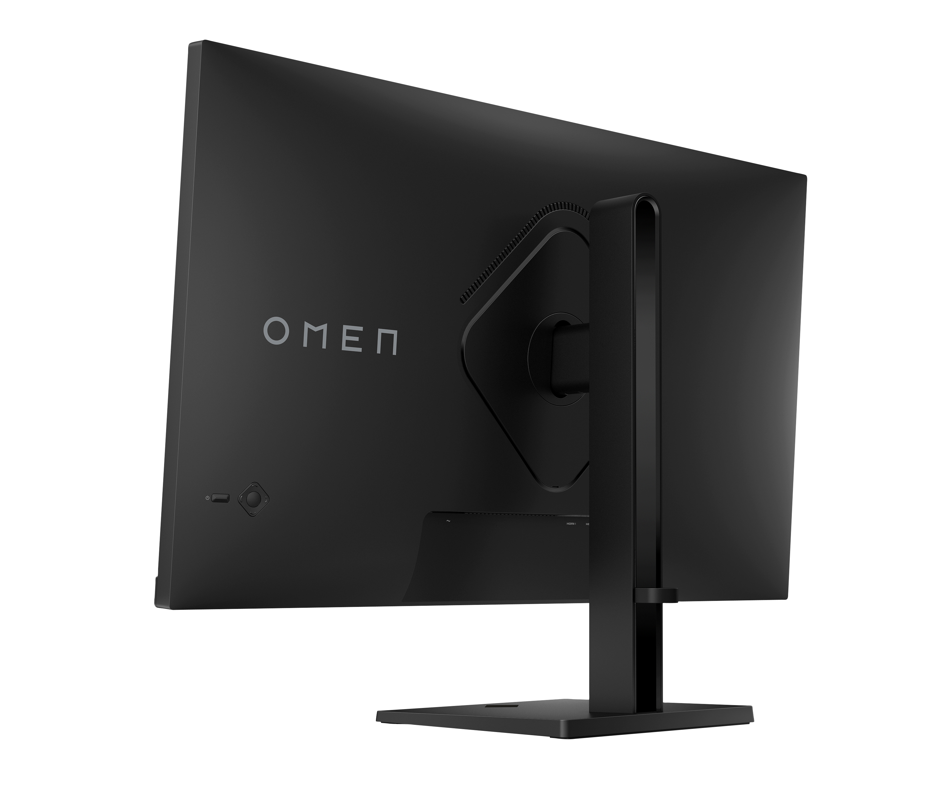 Vista posteriore del monitor OMEN nero. Lo schermo ha la scritta OMEN ed è montato su un supporto su sfondo bianco.