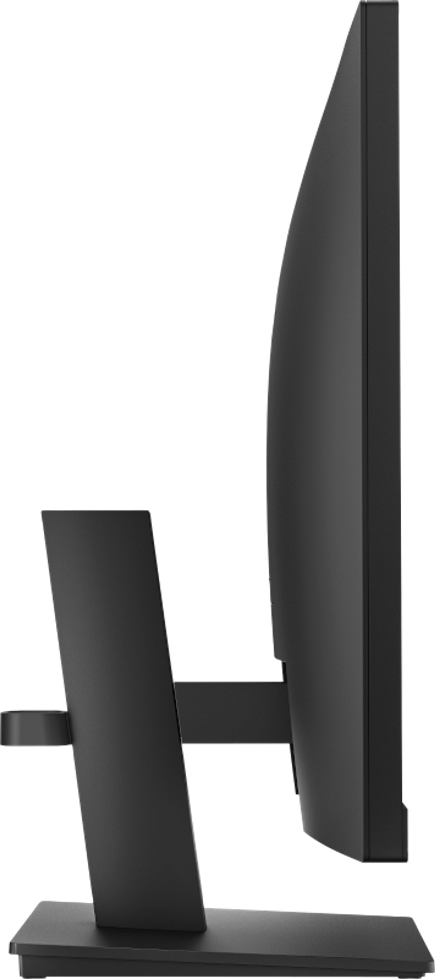 Vista laterale di un monitor per computer nero. Ha uno schermo curvo e un supporto. Lo sfondo è bianco.