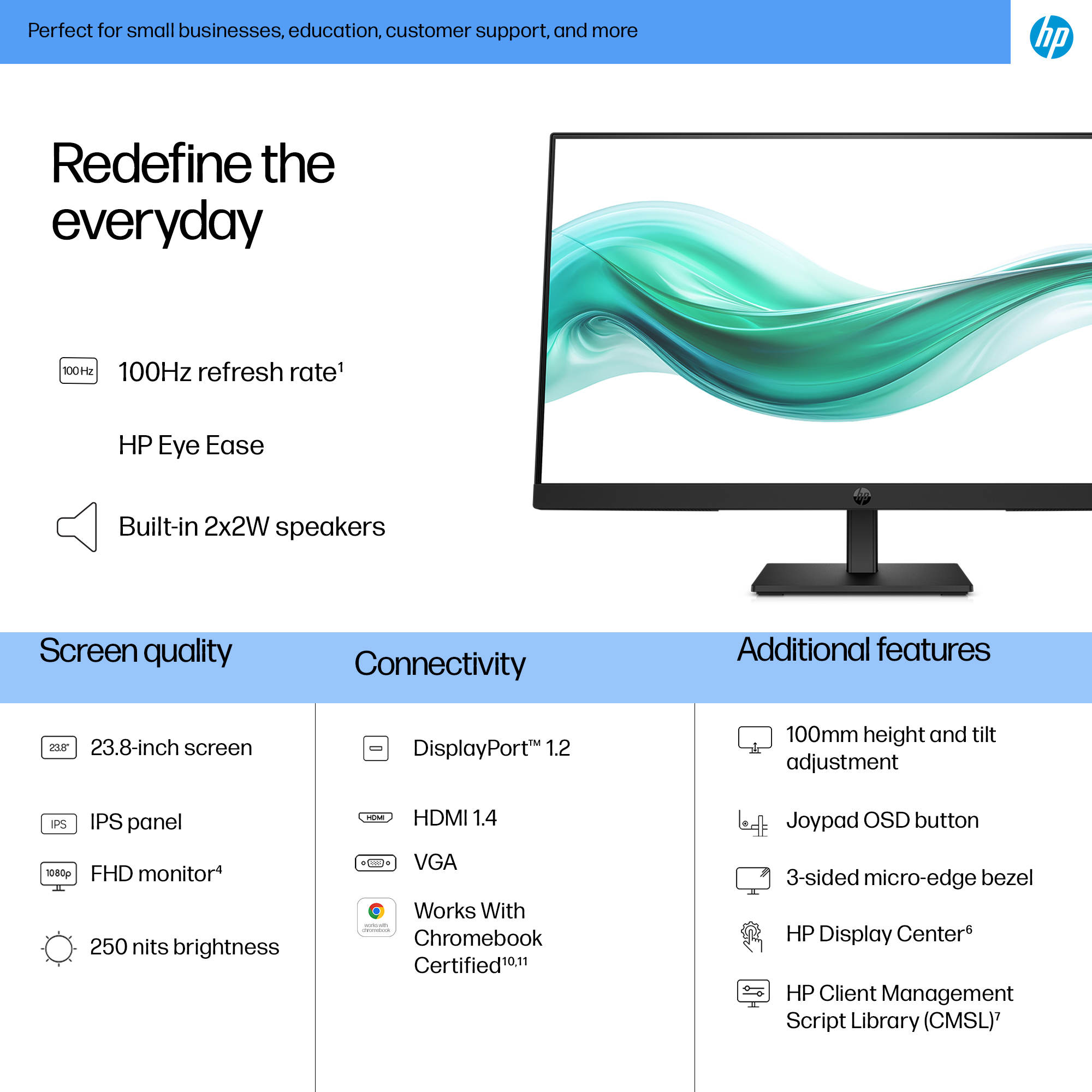 Un monitor HP con supporto nero. Le caratteristiche includono uno schermo da 23,8 pollici, frequenza di aggiornamento a 100 Hz e altoparlanti integrati.