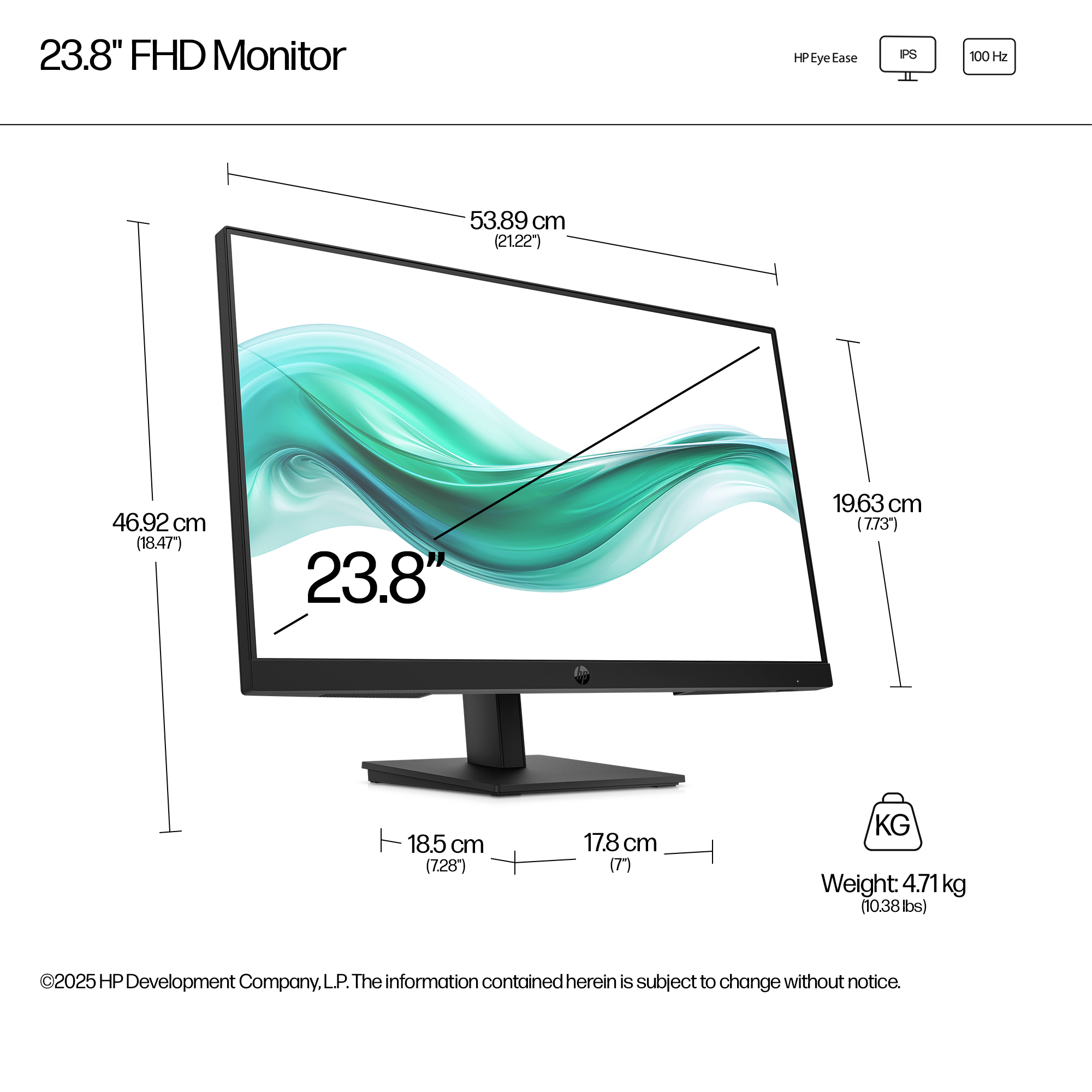 Un monitor HP FHD da 23,8" con dimensioni visualizzate. Caratteristiche: IPS, 100 Hz e peso di 4,71 kg.