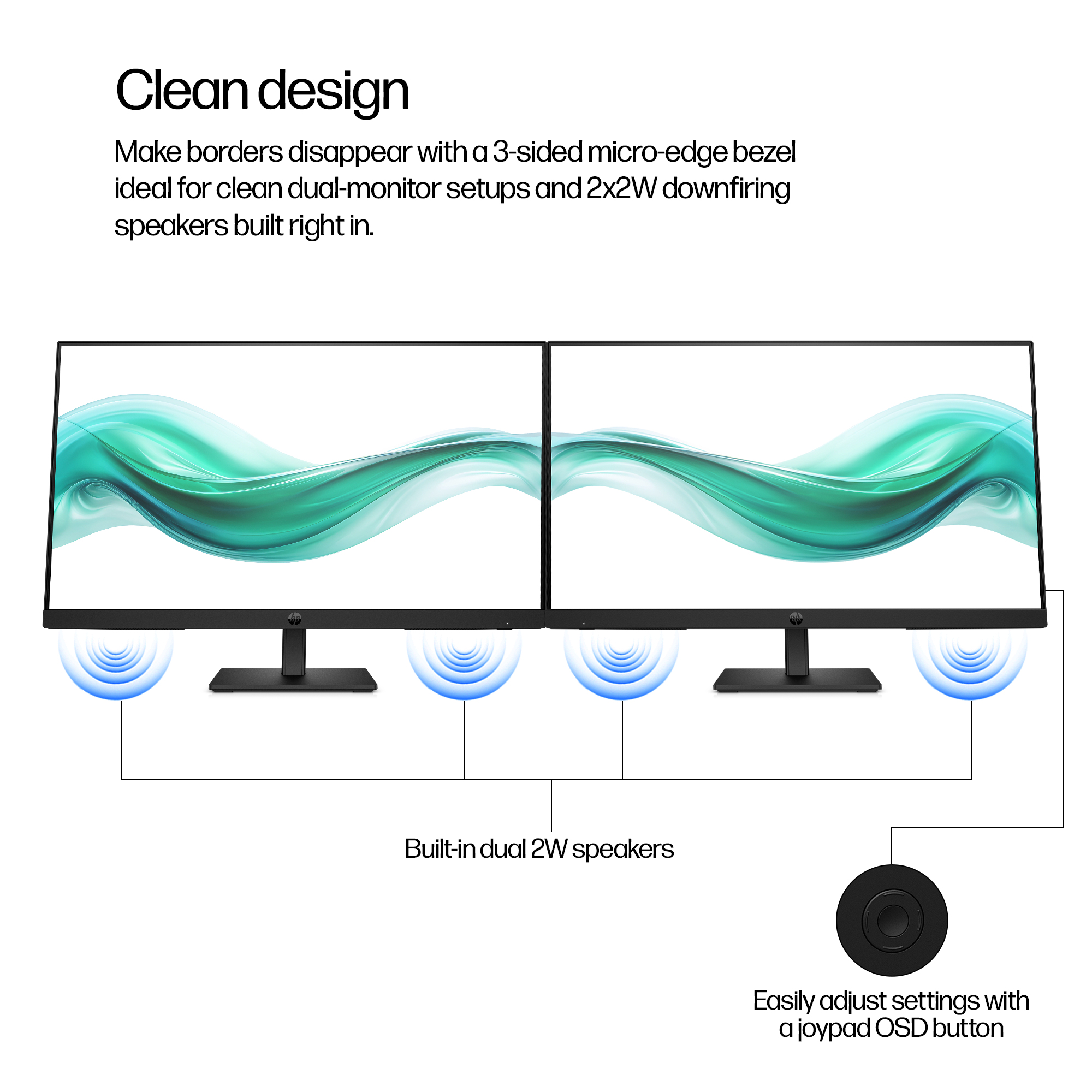Due monitor affiancati che mostrano un design verde e bianco. L'immagine mostra le caratteristiche del monitor.