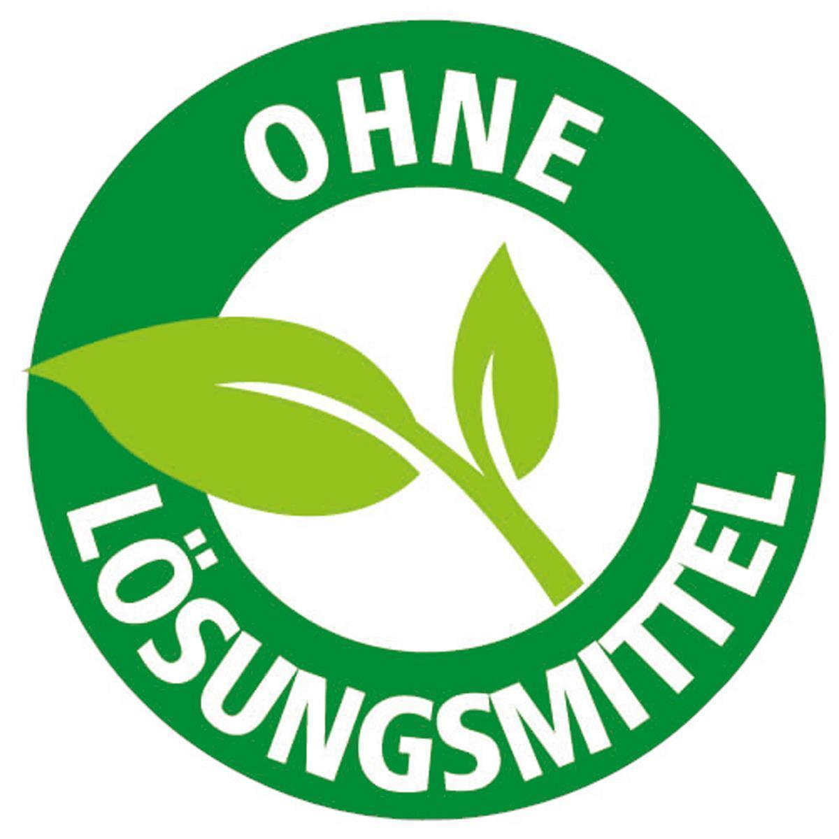 Cerchio verde con testo bianco e foglie. Il testo dice 'OHNE LOSUNGSMITTEL'.