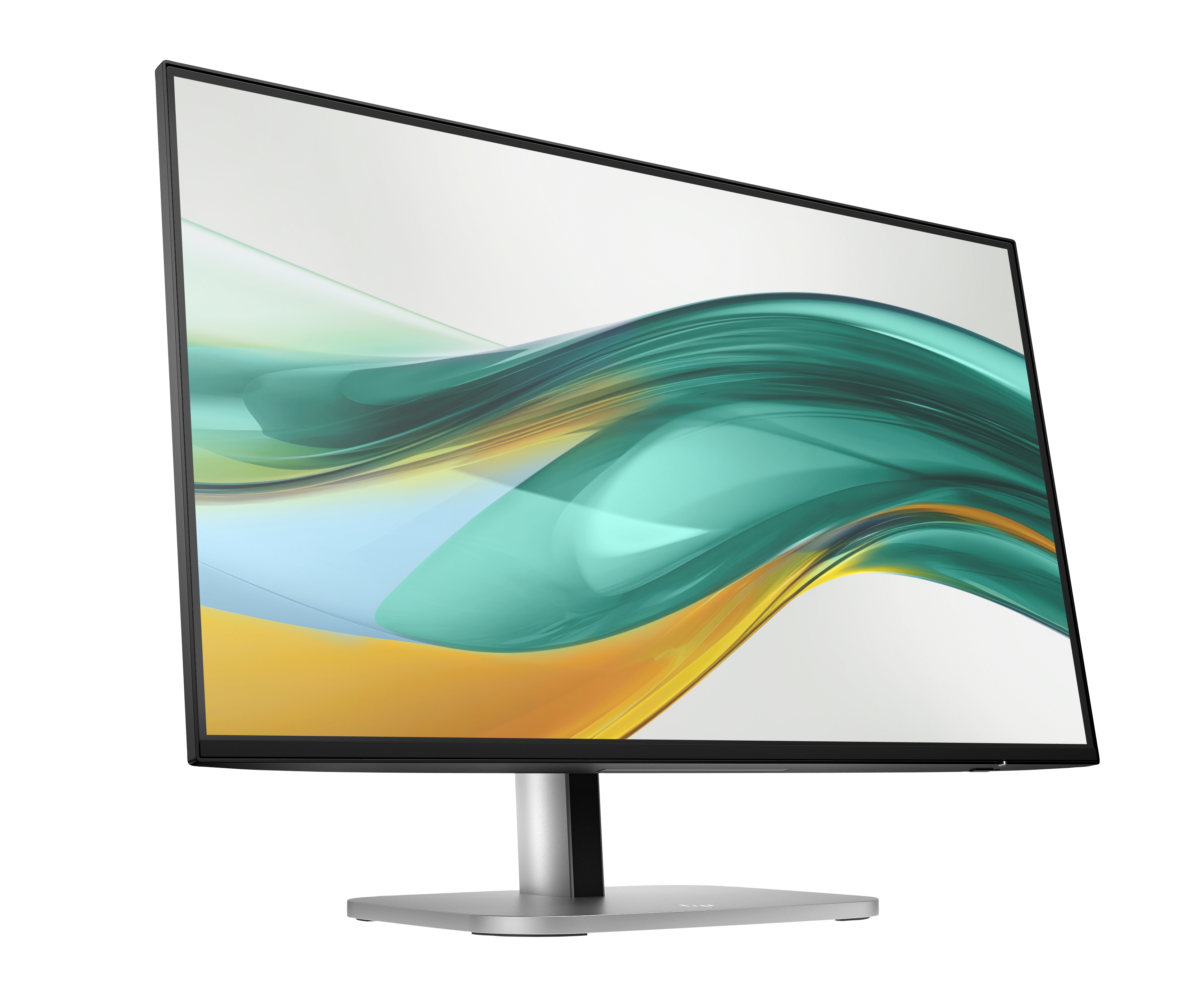 Un monitor de computadora con marco negro y soporte plateado. La pantalla muestra un diseño abstracto y colorido.