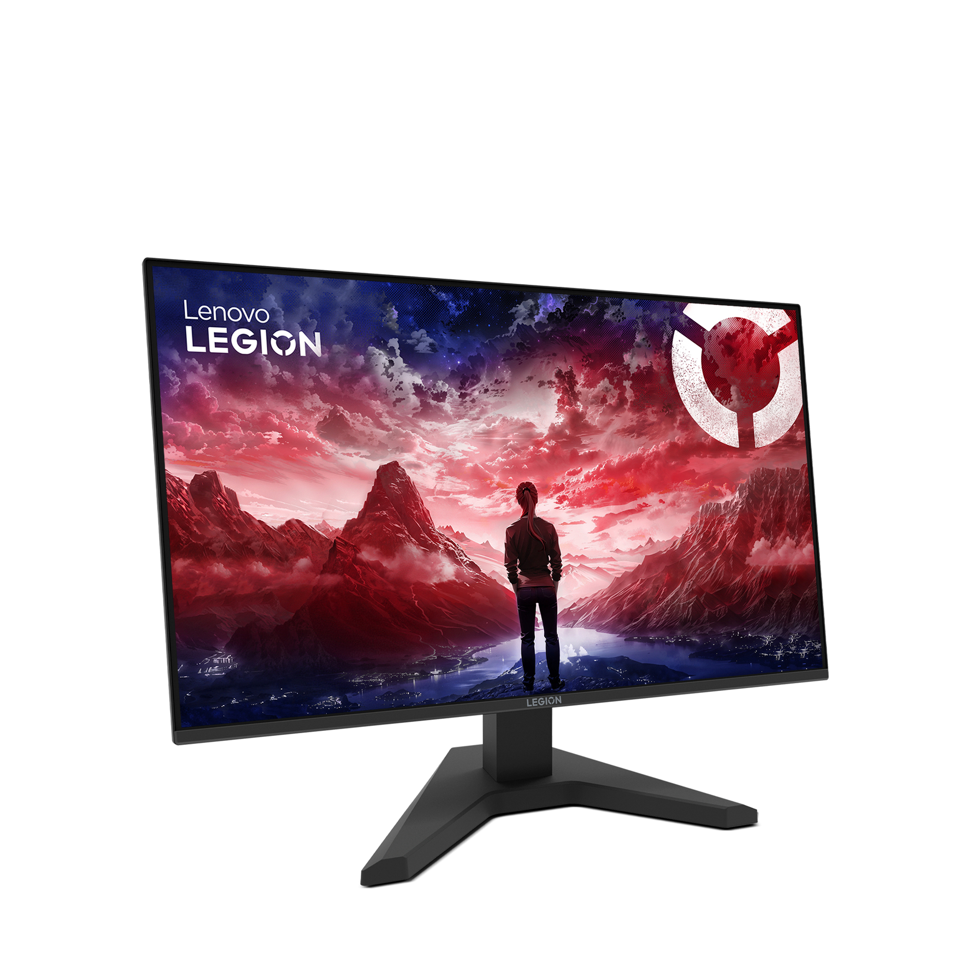 Monitor Lenovo Legion wyświetla krajobraz z osobą przed górami i logo. Stojak jest czarny.