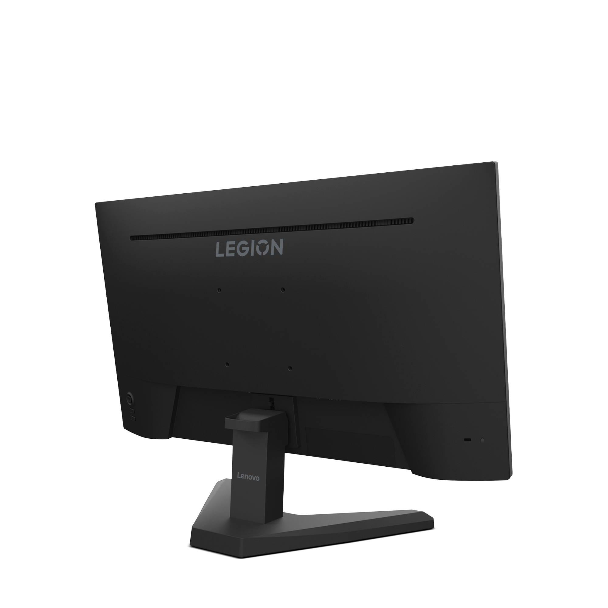Czarny monitor Lenovo Legion. Jest pochylony w prawo. Widoczna jest podstawa i tył, z logo Legion na górze.