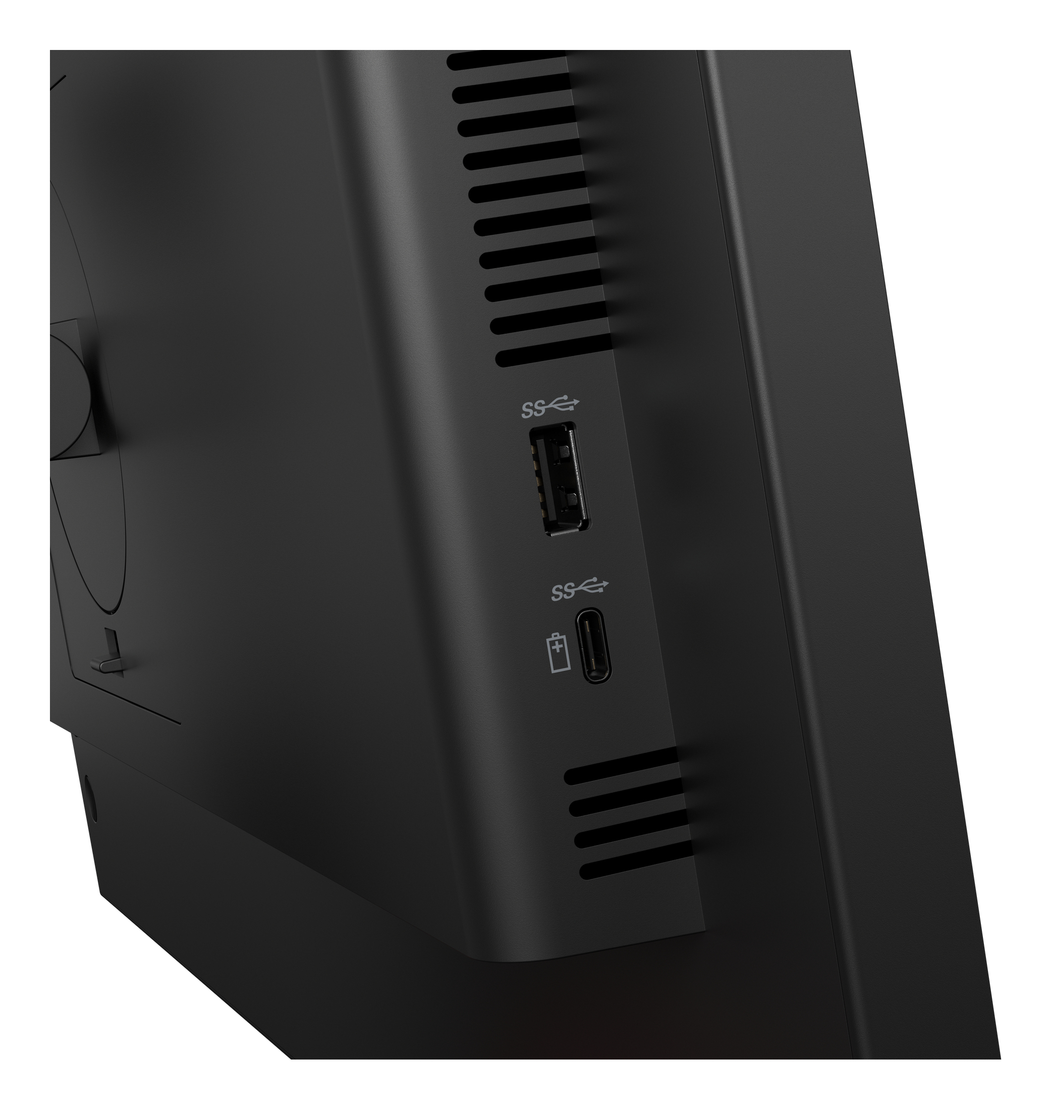 USB portları ve havalandırması olan siyah cihaz tarafı. Portlar 'SS' olarak etiketlenmiştir. Bir güç sembolü de mevcuttur.