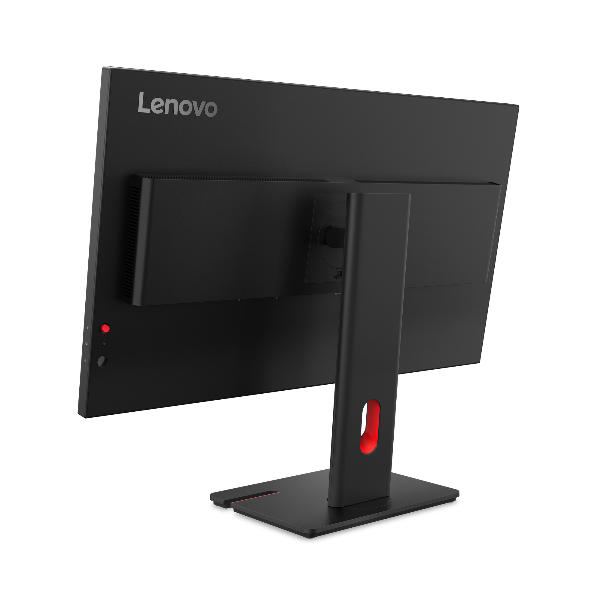 Czarny monitor Lenovo od tyłu. Stojak ma czerwony akcent. Logo znajduje się w lewym górnym rogu.