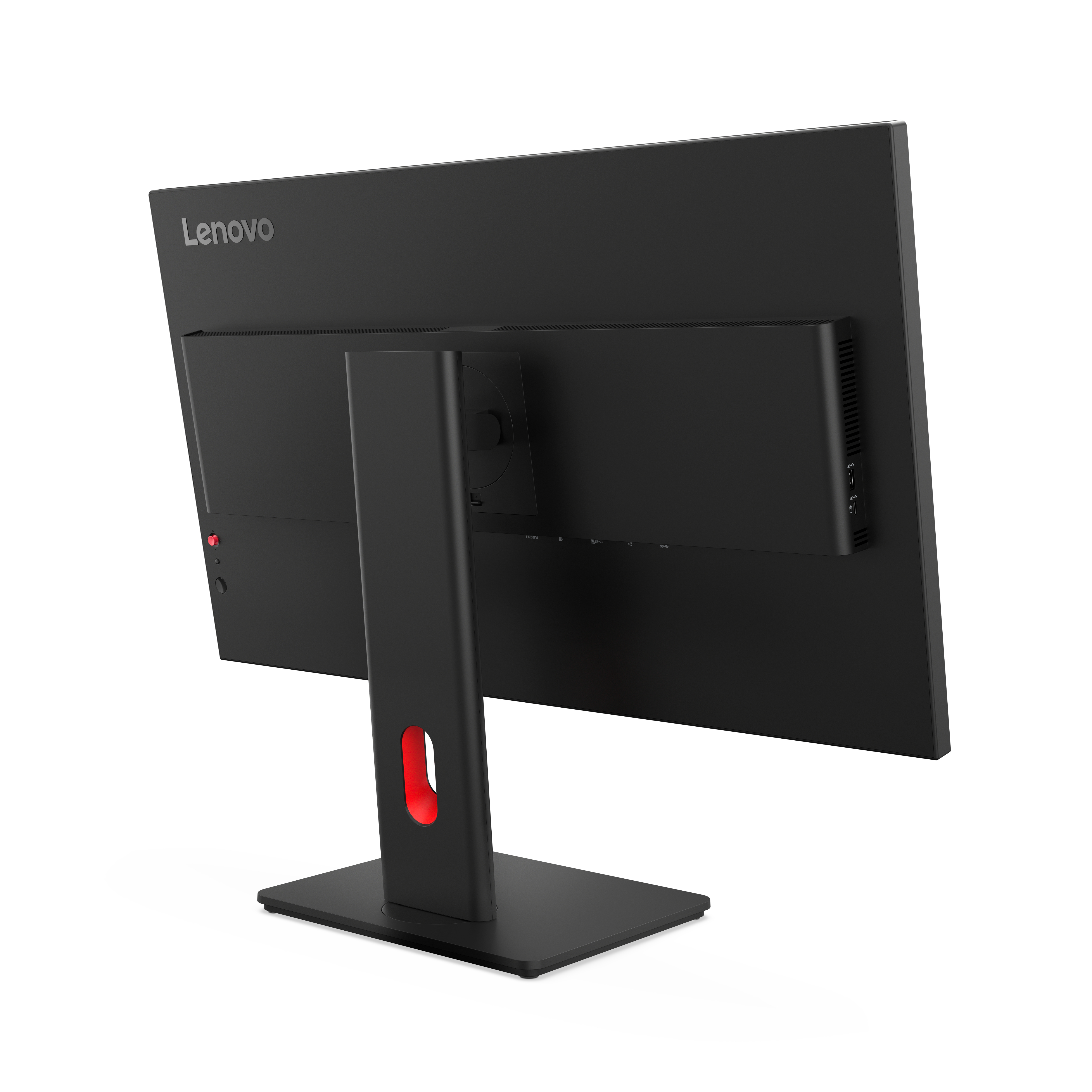Czarny tył monitora Lenovo. Ma podstawę z czerwonym akcentem. Monitor ma porty i logo Lenovo.