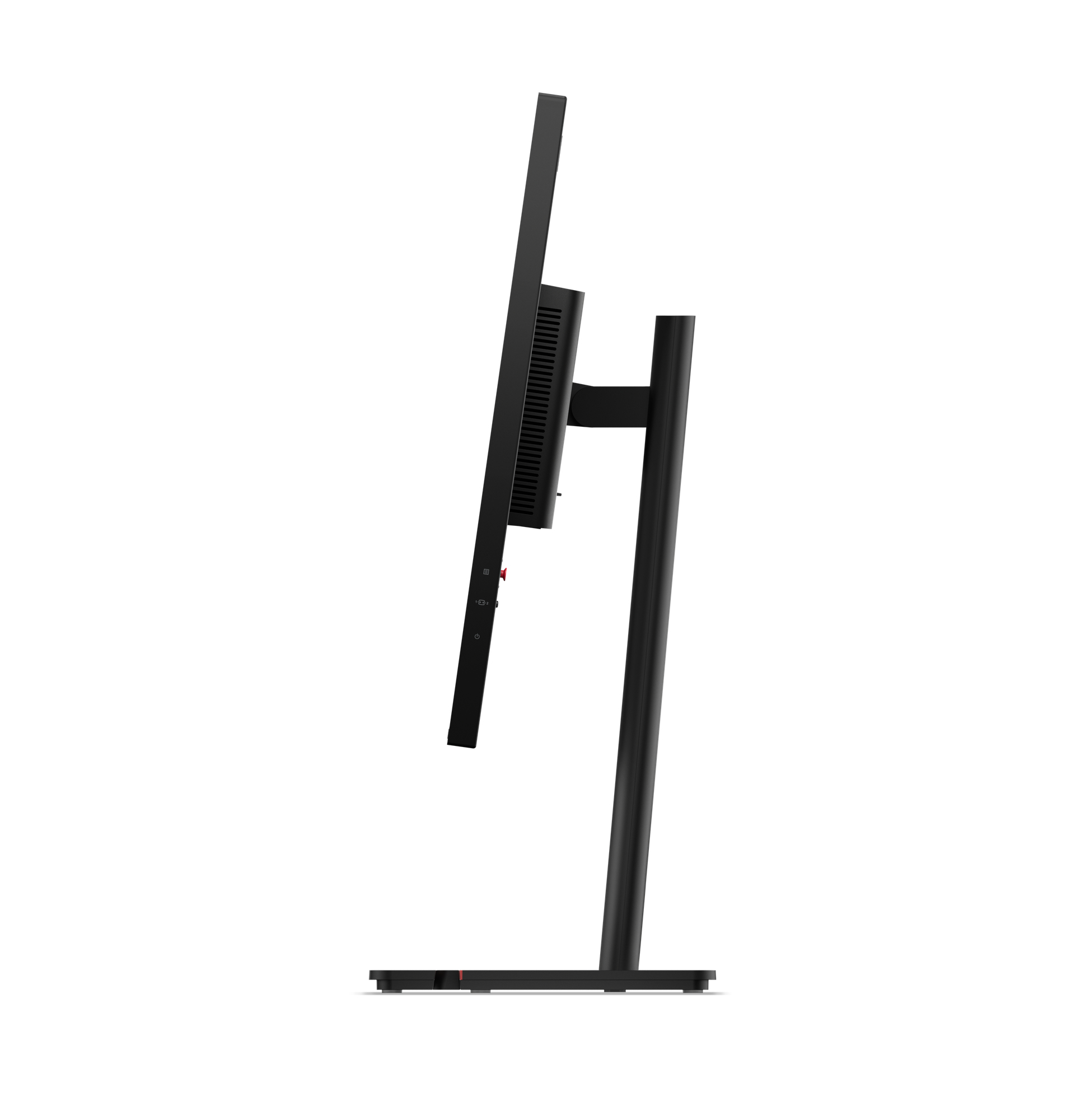 Widok z boku czarnego monitora komputera na czarnym stojaku. Ekran jest lekko pochylony. Białe tło.