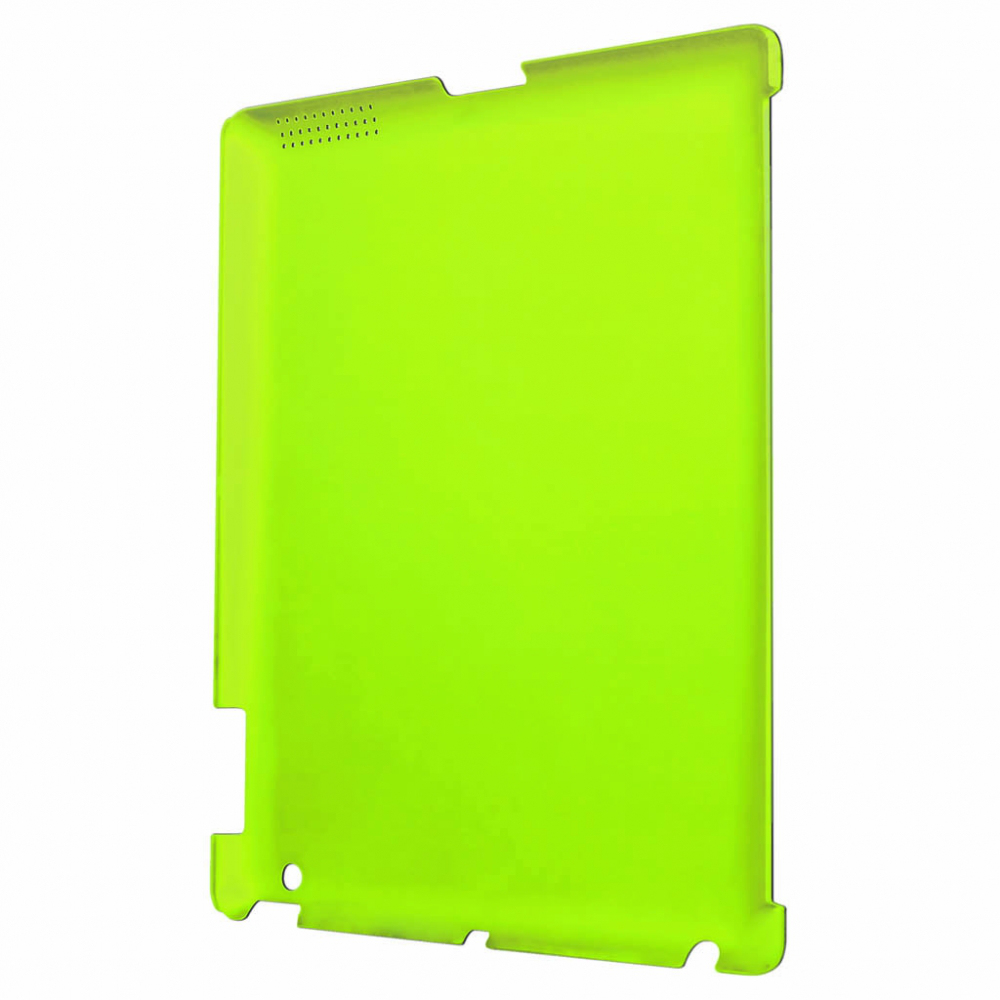 Una custodia per tablet verde brillante su sfondo bianco. La custodia ha ritagli e fori per pulsanti e porte.