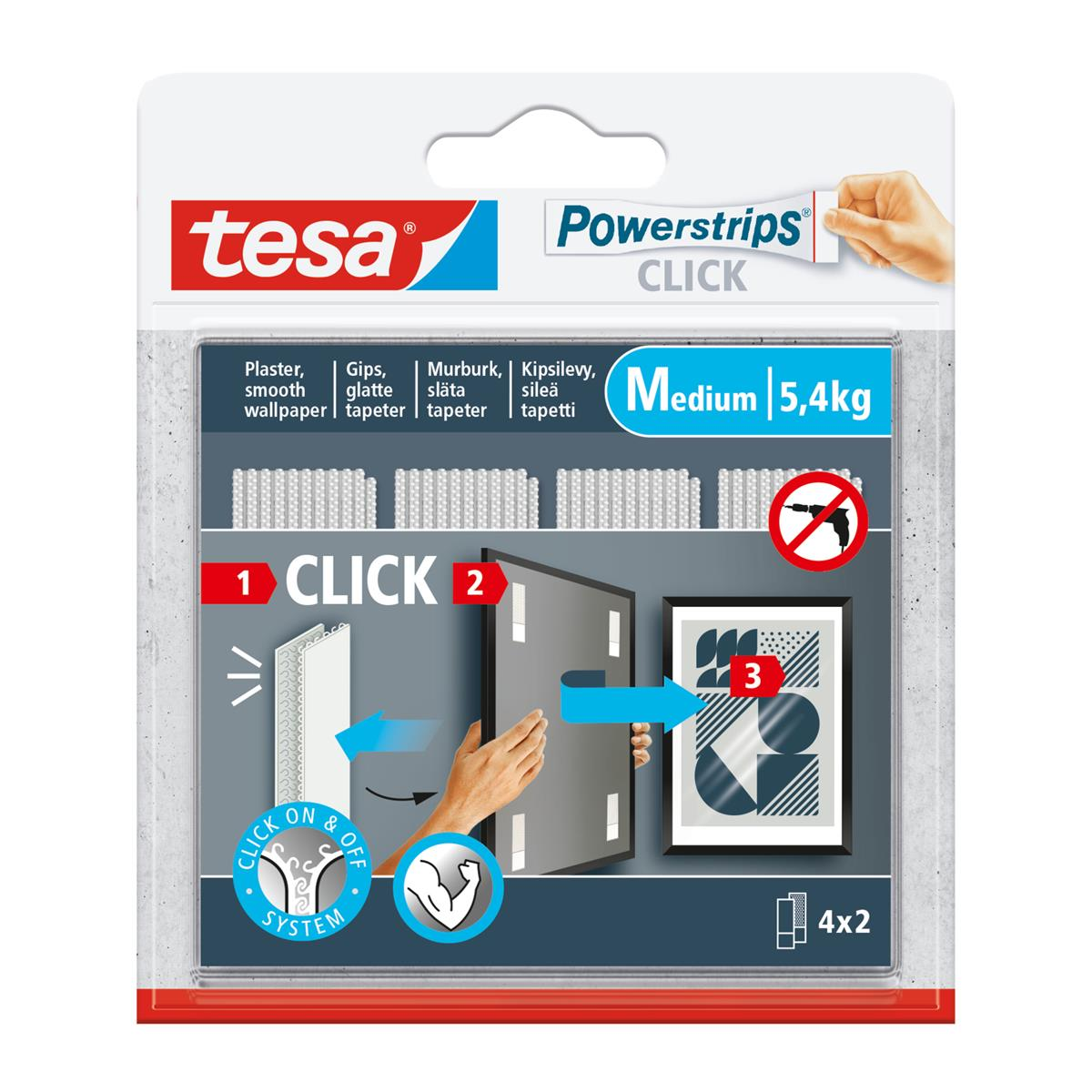 Confezione Tesa Powerstrips. Mostra come utilizzare il prodotto. Include diagrammi e descrizioni testuali. Il nome del prodotto e il peso sono visibili.