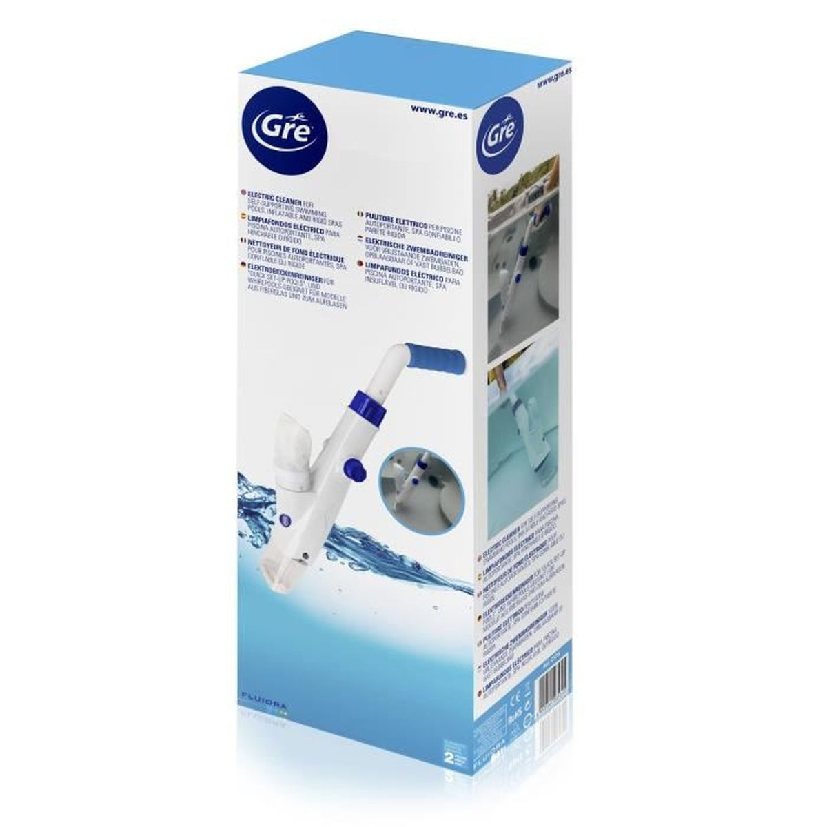 Scatola di un pulitore elettrico per piscina bianco e blu, con il logo del marchio e le informazioni sul prodotto.