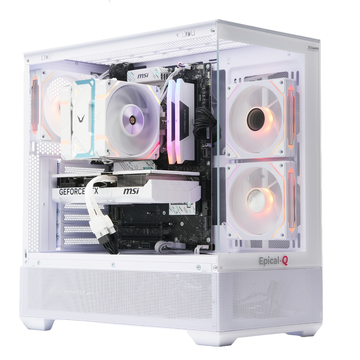 Una caja de computadora blanca con componentes dentro. Se ven ventiladores, una tarjeta gráfica y una placa base.
