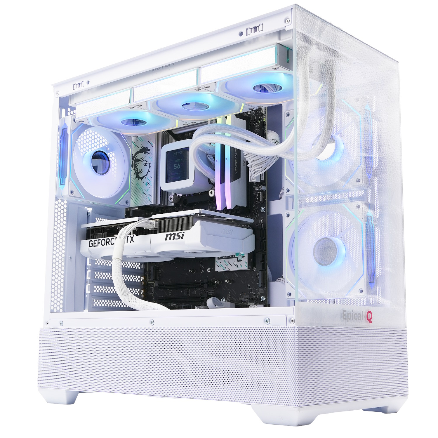 Carcasa de PC blanca con componentes internos. Incluye ventiladores, tarjeta gráfica y refrigeración líquida. Iluminación LED visible.