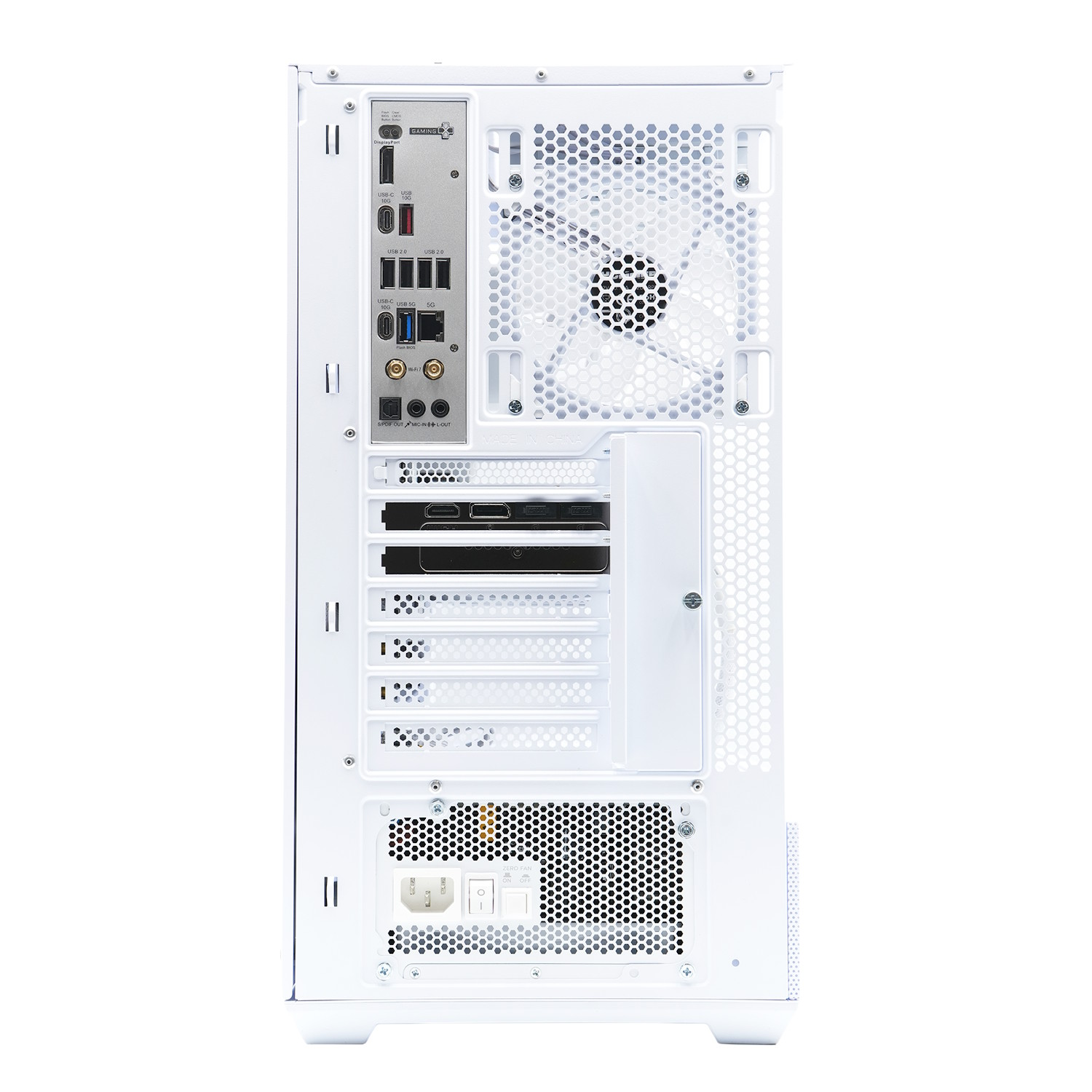 Panel trasero blanco de una caja de ordenador. Incluye puertos USB, ventilador, entrada de alimentación y otros puntos de conexión.