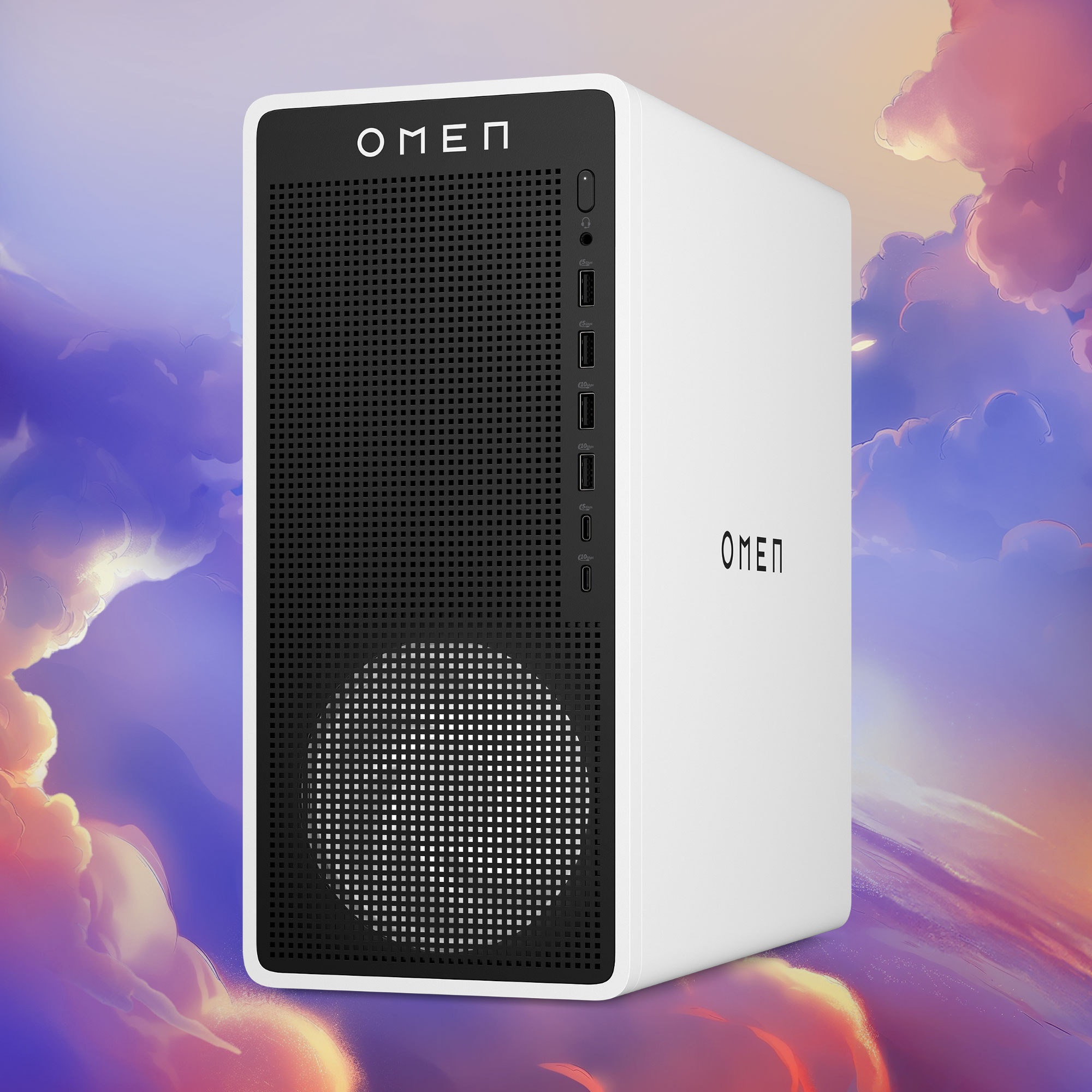 PC gaming OMEN blanco con panel frontal negro. Fondo de nubes. Panel frontal con logo OMEN, puertos USB y diseño de malla.