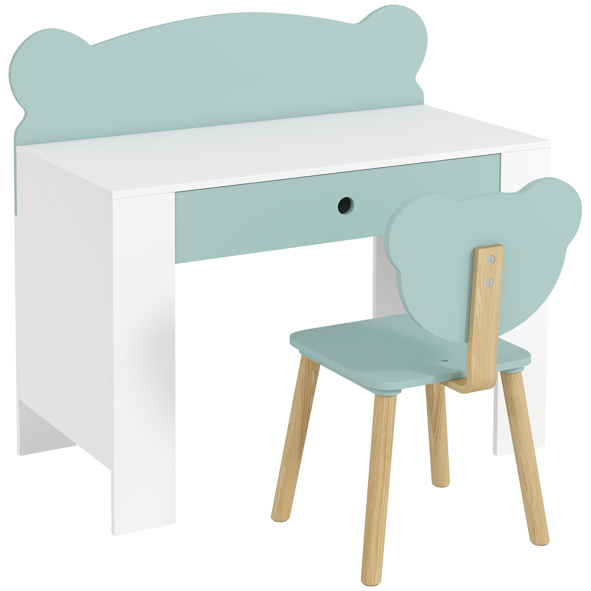 Un set di scrivania e sedia per bambini. La scrivania è bianca con piano e cassetto verde-azzurro. La sedia ha lo schienale a forma di testa d'orso.