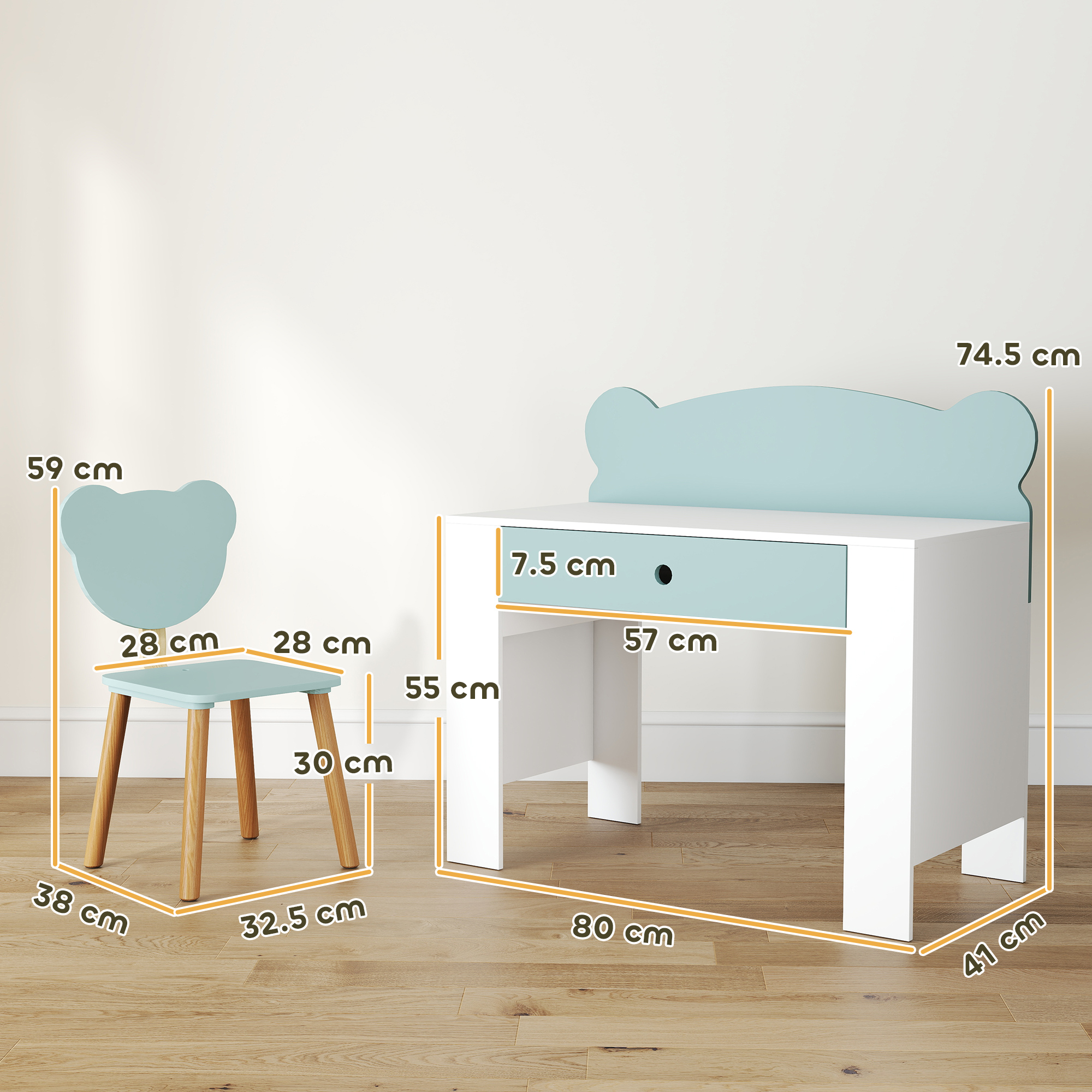 Un set di scrivania e sedia per bambini. La sedia e la scrivania hanno accenti blu. Le dimensioni sono indicate in cm.
