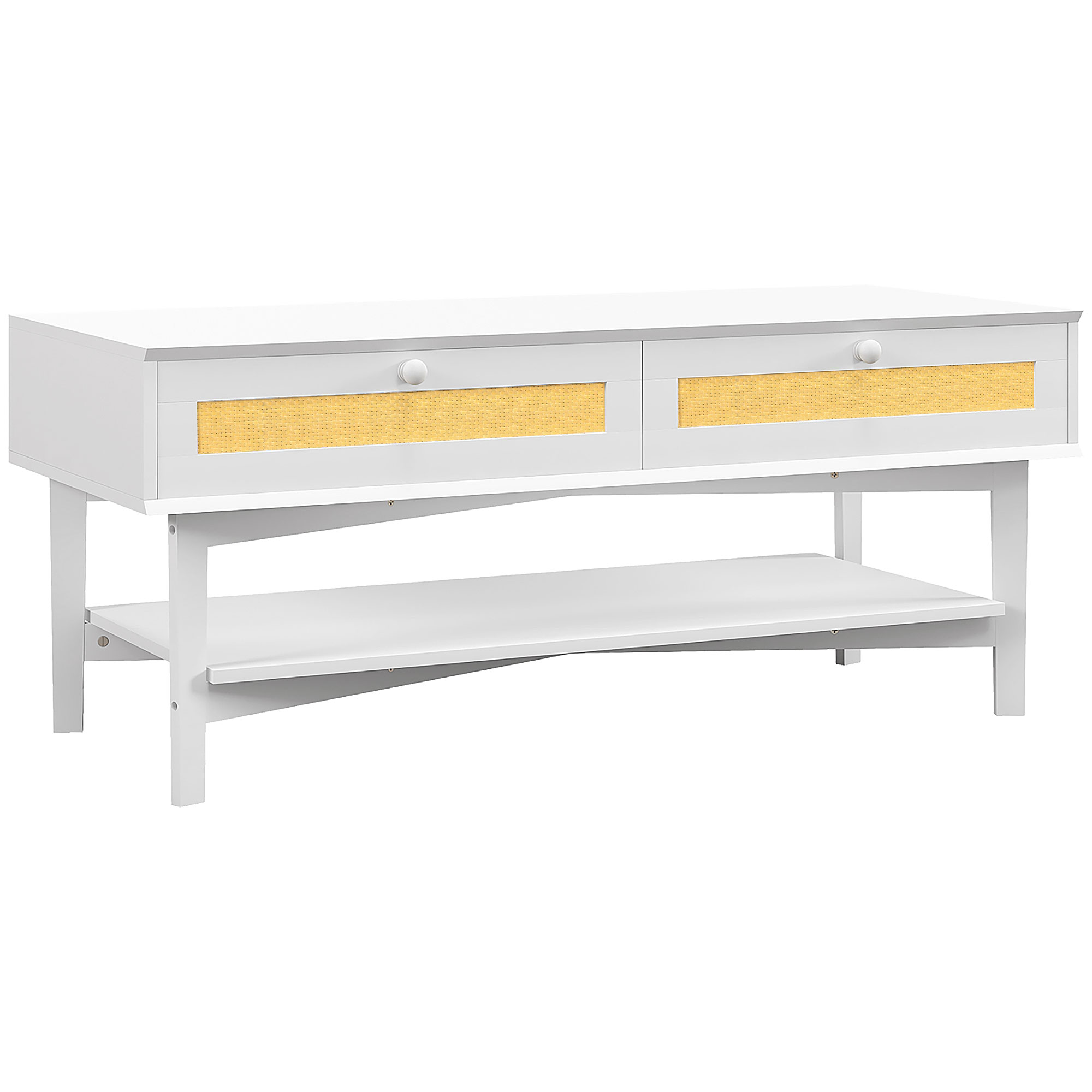 Mobile in legno bianco con due cassetti, ciascuno con un pannello intrecciato giallo. Ha un ripiano e quattro gambe.