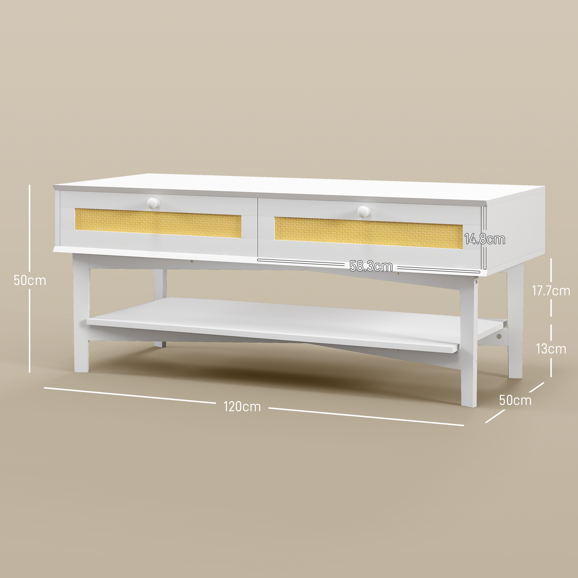Mobile bianco con due pannelli intrecciati gialli, due cassetti. Ha un ripiano e misura: 120 cm di lunghezza, 50 cm di altezza e 50 cm di profondità.