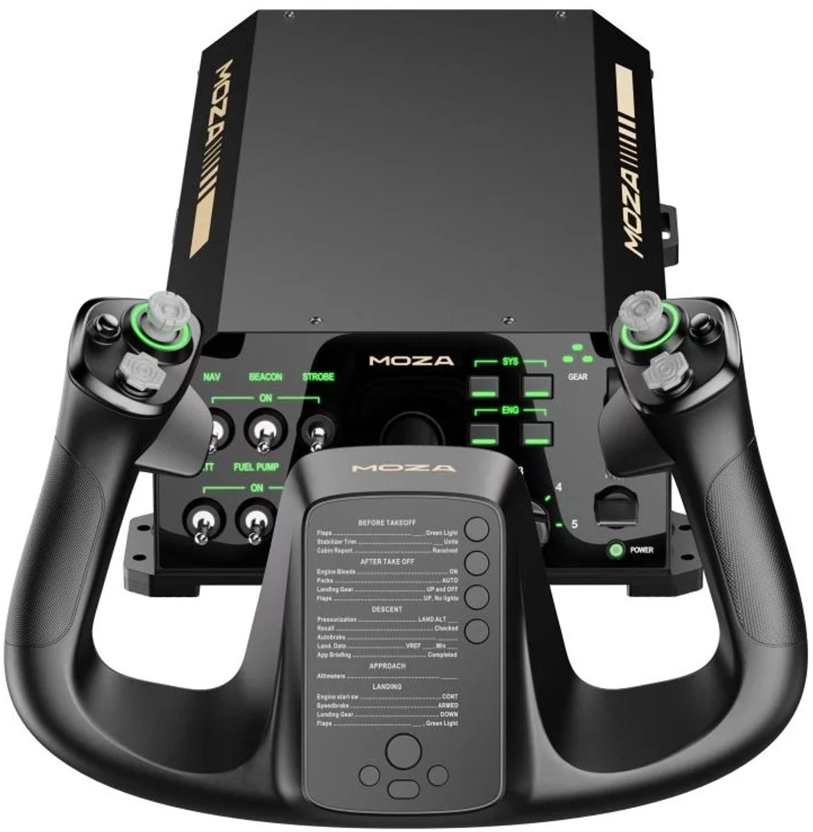 Panneau de commande de simulateur de vol noir avec joysticks, boutons et étiquettes. 'MOZA' est la marque.