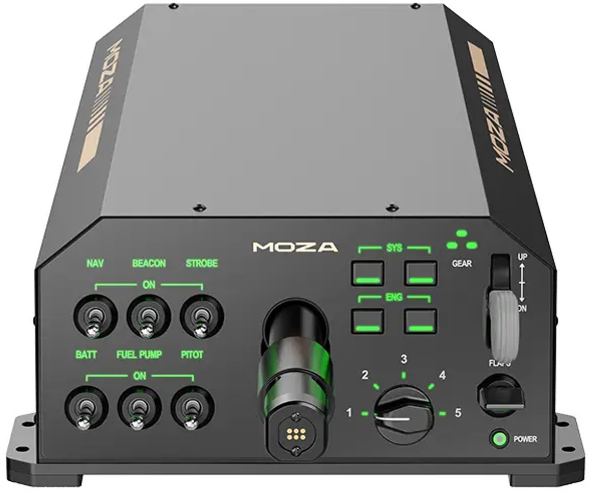 Un panneau de commande MOZA noir avec divers interrupteurs, cadrans et lumières. Les étiquettes incluent NAV, Beacon, Strobe, SYS, ENG et Power.