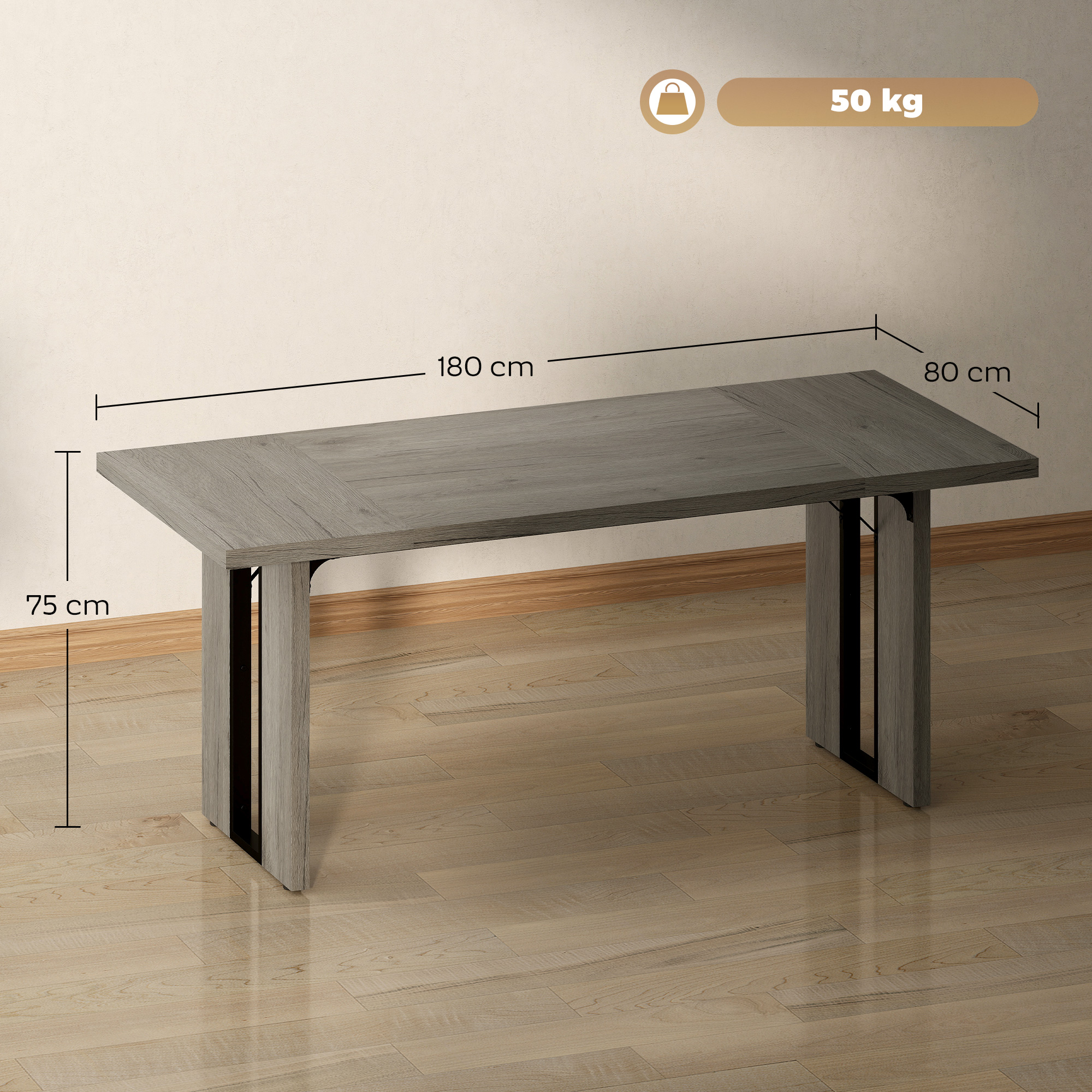 Un tavolo rettangolare grigio con gambe in metallo nero. Le dimensioni sono: 180 cm di lunghezza, 80 cm di larghezza e 75 cm di altezza. Il tavolo pesa 50 kg.