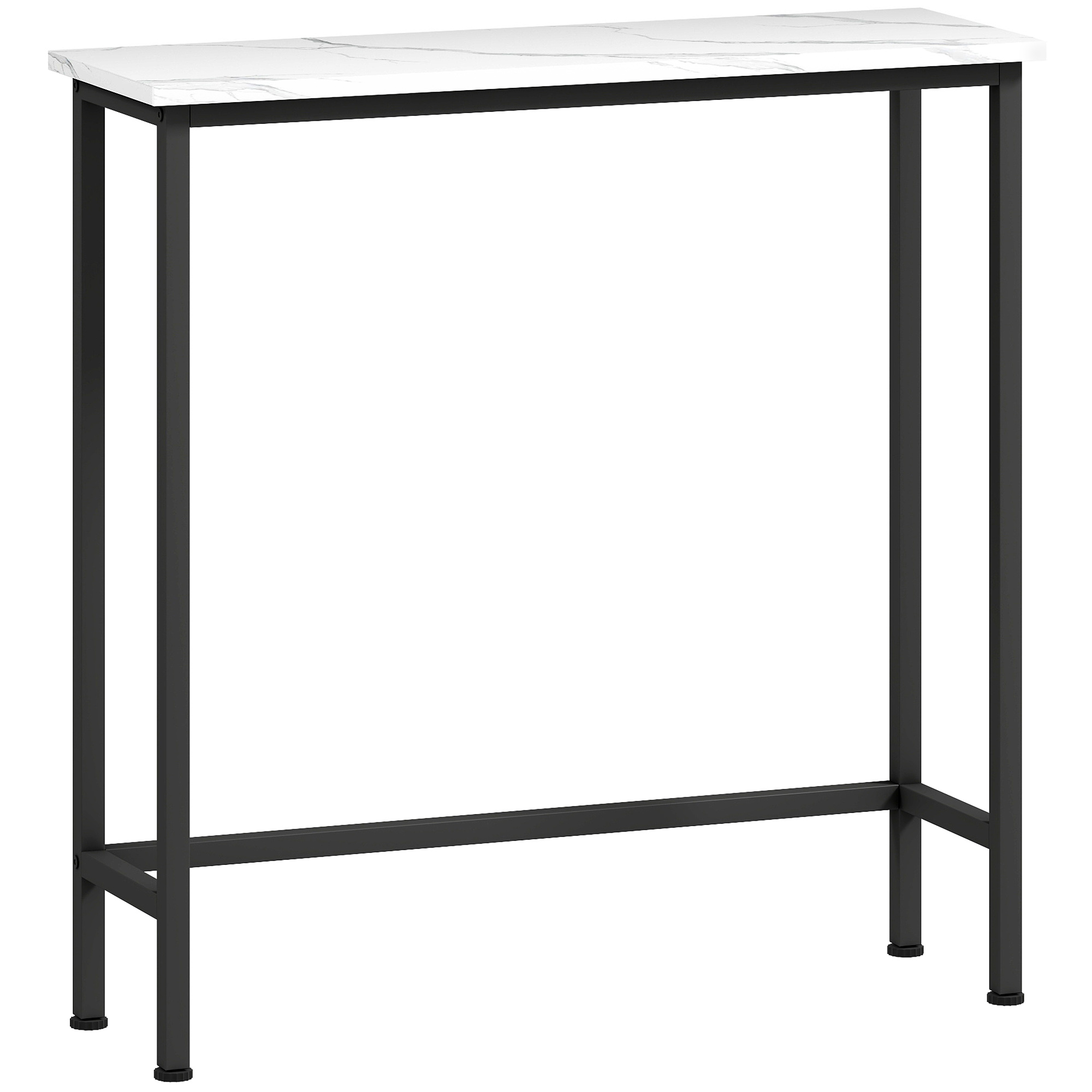 Un tavolo alto bianco effetto marmo con struttura in metallo nero. Ha un piano rettangolare e quattro gambe.