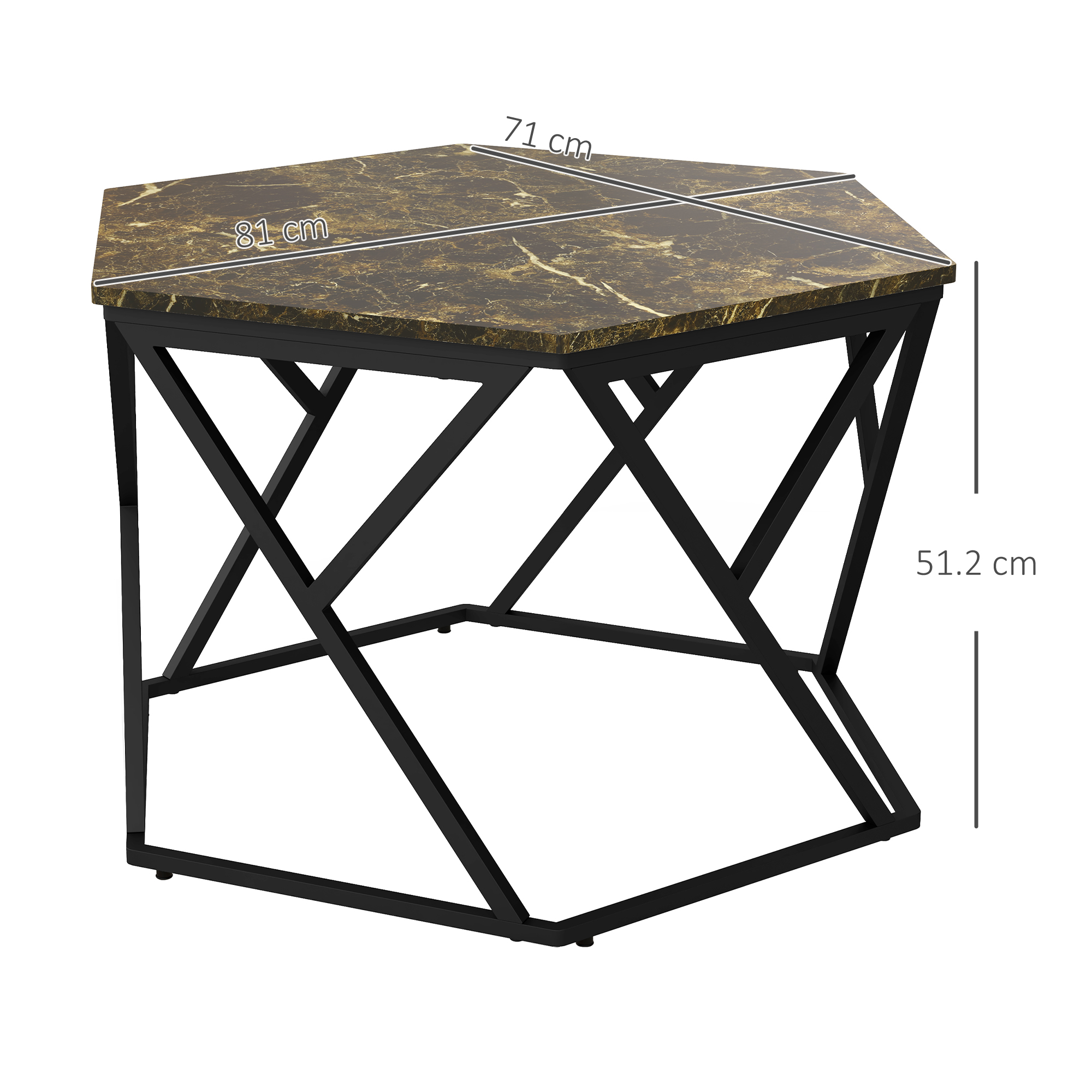 Un tavolino esagonale con piano in marmo marrone e gambe in metallo nero. Le dimensioni sono visibili. Lo sfondo è bianco.