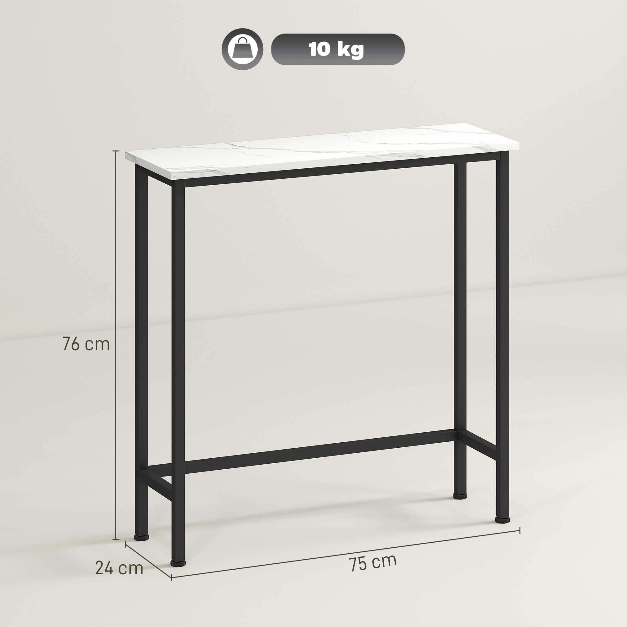 Tavolo bianco effetto marmo con struttura in metallo nero. Dimensioni: 76 cm altezza, 75 cm lunghezza, 24 cm larghezza. Peso: 10 kg.