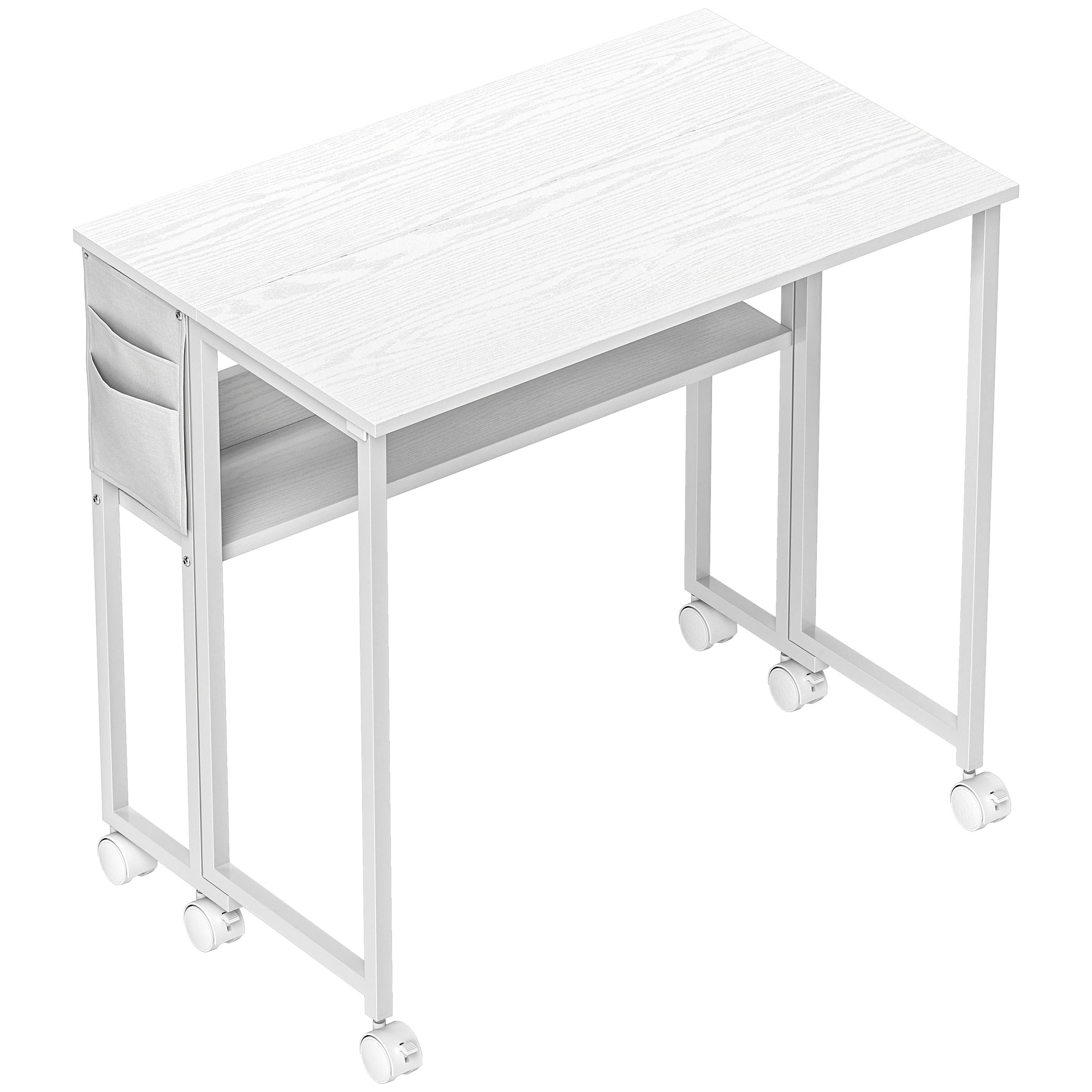 Una scrivania bianca con piano in legno e ripiano. Ha una struttura in metallo con ruote. È presente un organizer in tessuto.