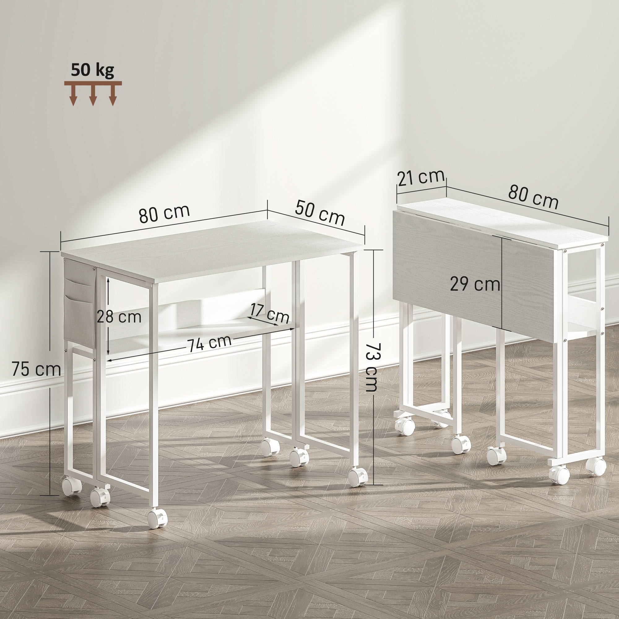 Due tavoli bianchi con dimensioni etichettate. Uno è aperto, l'altro piegato. Entrambi hanno ruote. È indicato un limite di peso di 50 kg.