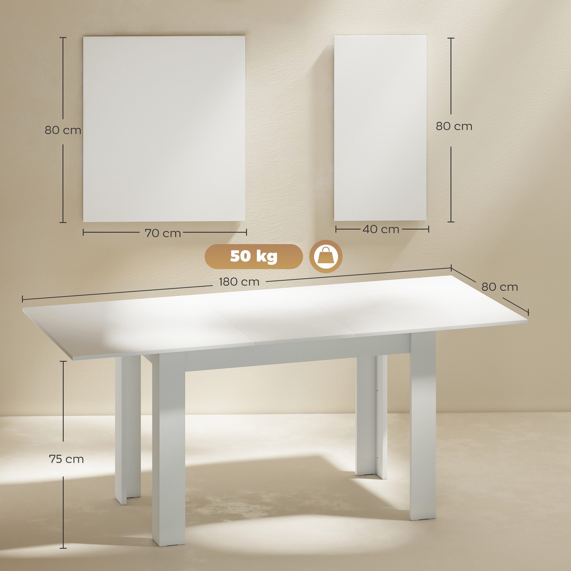 Un tavolo bianco con misure è in primo piano, con due pannelli bianchi su un muro beige sullo sfondo.
