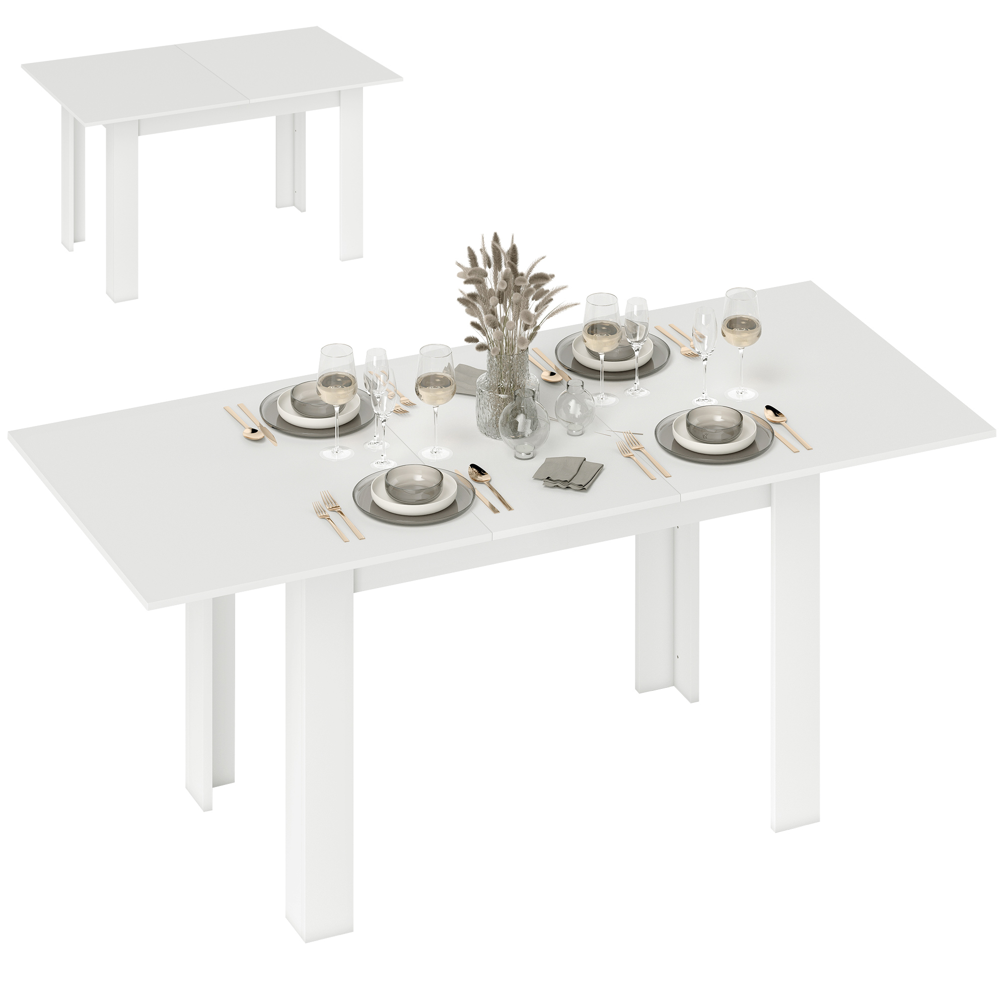 Tavolo da pranzo bianco per un pasto. Include piatti, bicchieri, posate e un vaso con fiori secchi. Un tavolo più piccolo sullo sfondo.