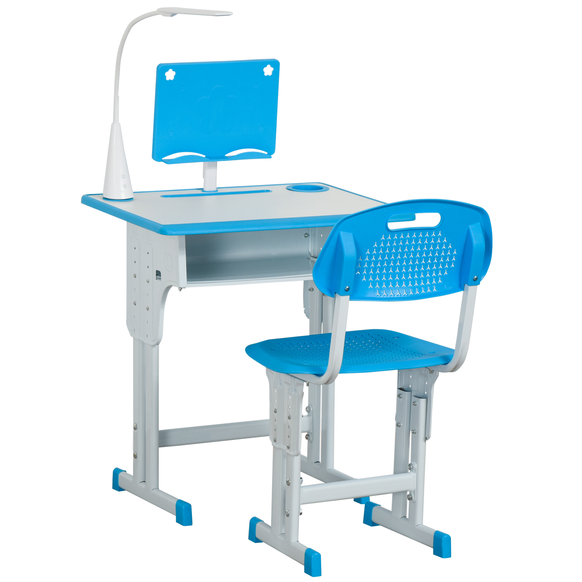 Un set scrivania e sedia per bambini, blu e bianco. La scrivania ha una lampada e uno schienale regolabile. La sedia è blu.