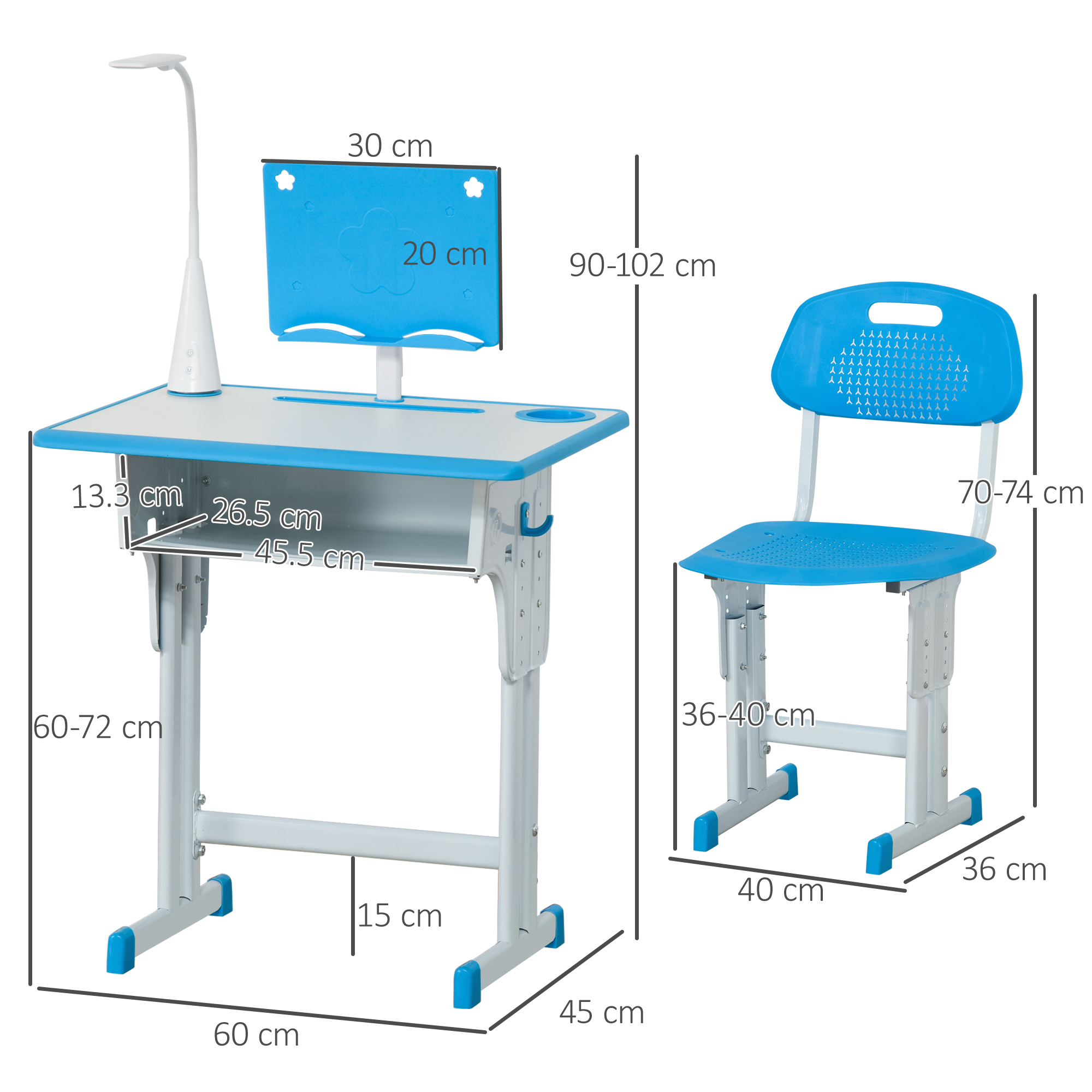 Un set scrivania e sedia blu e bianco per bambini. La scrivania ha una lampada e un leggio. Le dimensioni sono visibili.