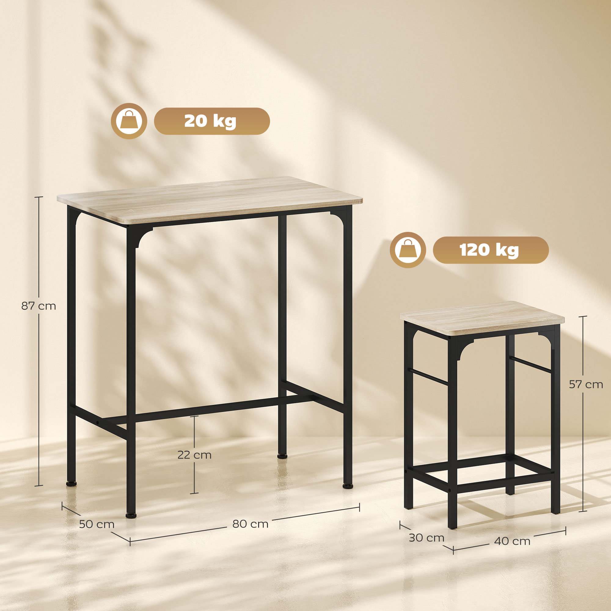 Due tavoli in metallo nero. Uno alto, uno corto. Entrambi hanno piani in legno chiaro. Dimensioni e peso sono indicati.