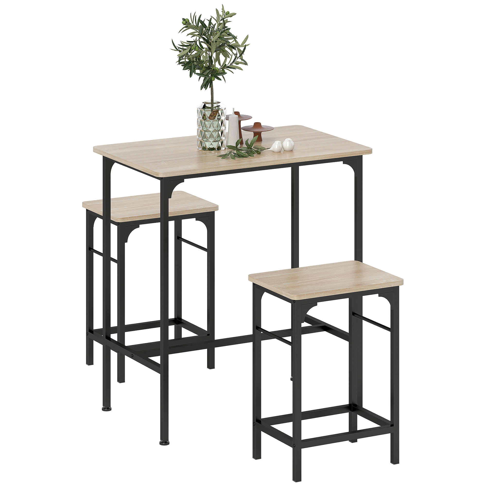 Un tavolo da bar con due sgabelli, una piccola pianta e oggetti decorativi. Struttura in metallo nero e piano in legno.