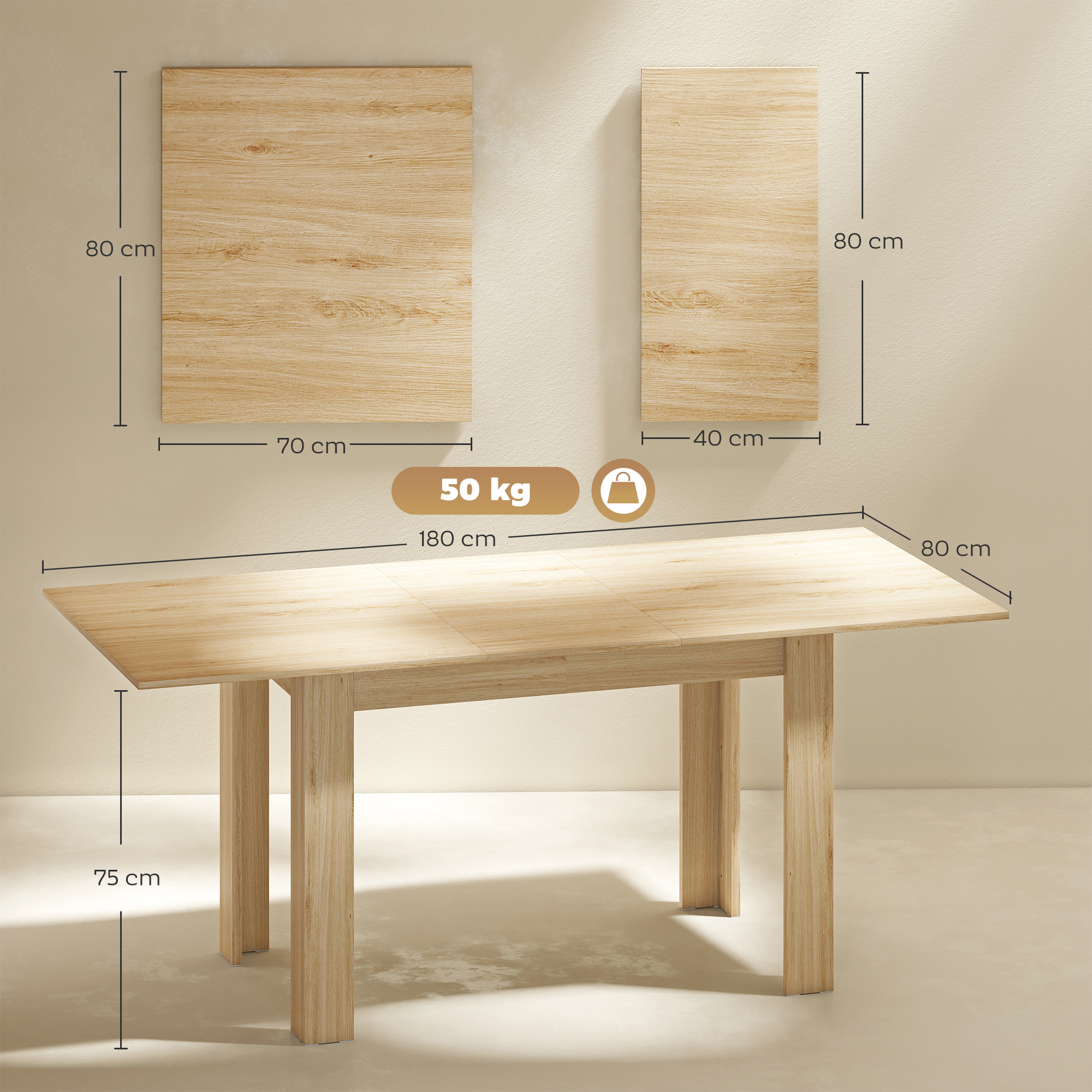 Tavolo in legno con due pannelli sospesi. Le dimensioni sono indicate. Il peso è di 50 kg. Il tavolo è lungo 180 cm, largo 80 cm e alto 75 cm.