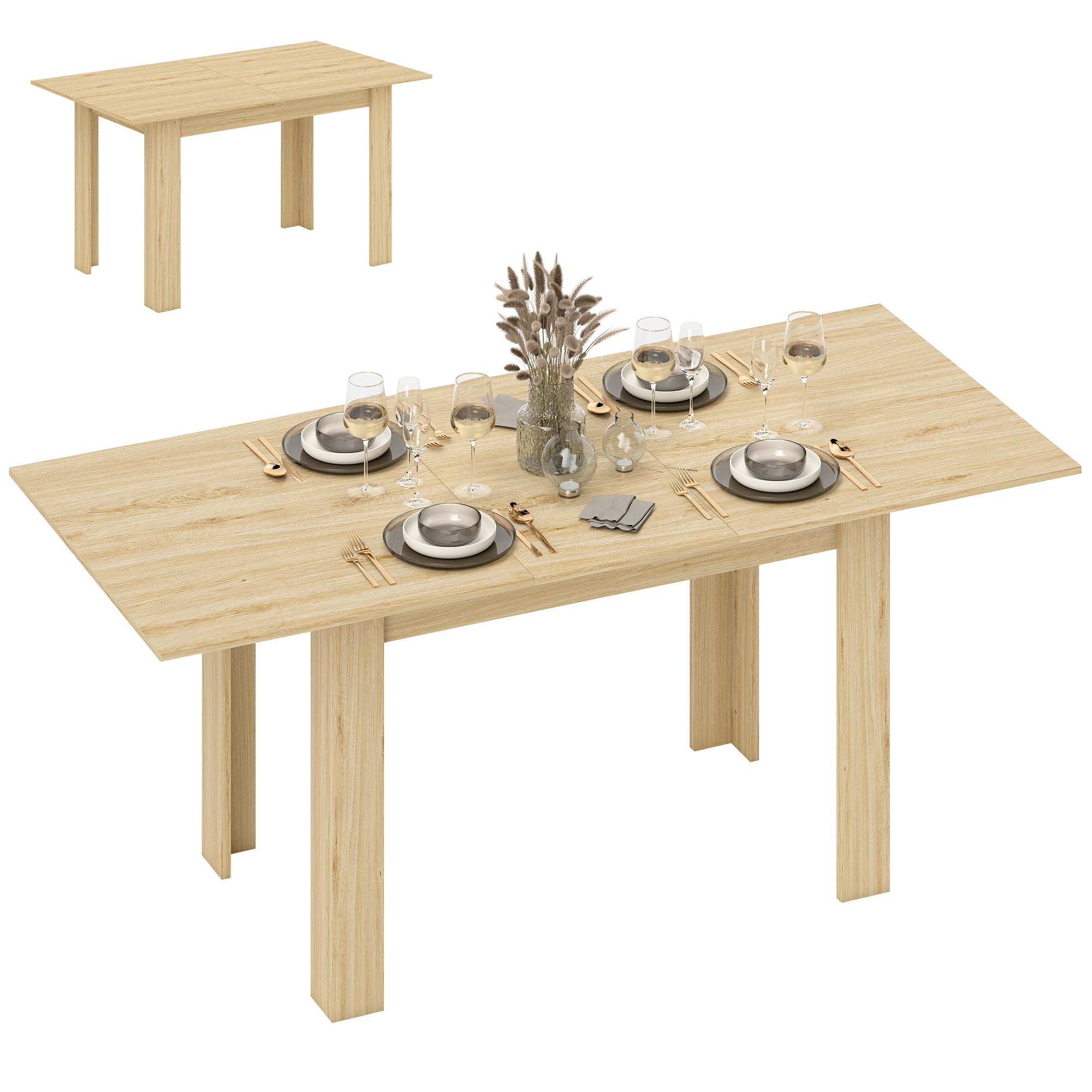 Un tavolo da pranzo in legno con vetreria, piatti, posate e un vaso di piante decorative. Un altro tavolo è mostrato sullo sfondo.