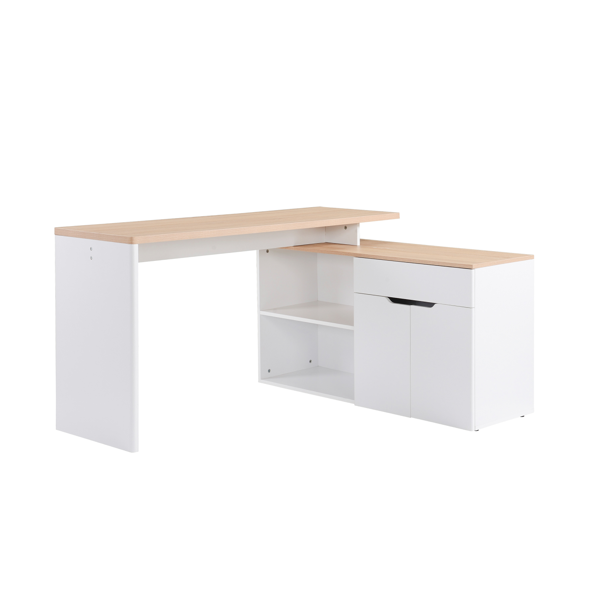 Una scrivania bianca e color legno. Ha una forma a L, con un mobile, mensole e un cassetto. Su sfondo bianco.