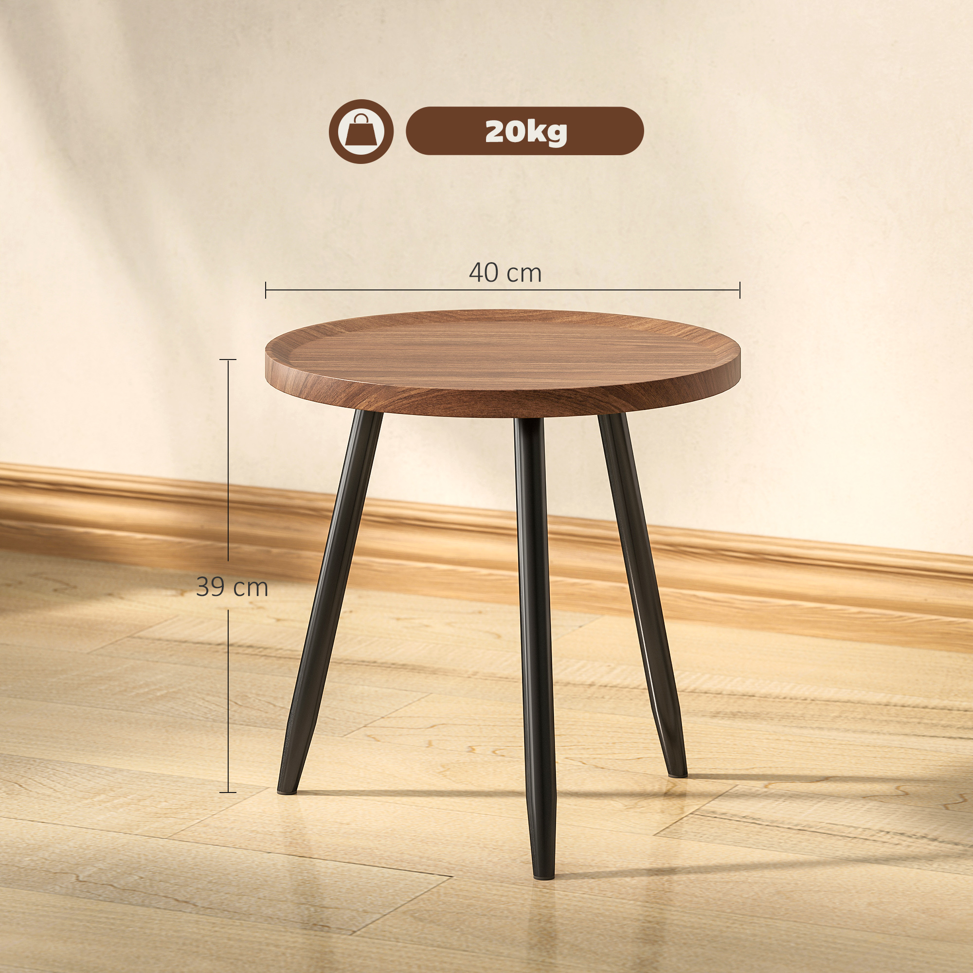 Un tavolino rotondo in legno con gambe nere su un pavimento in legno. Misure: 40 cm di larghezza, 39 cm di altezza. Peso: 20 kg.
