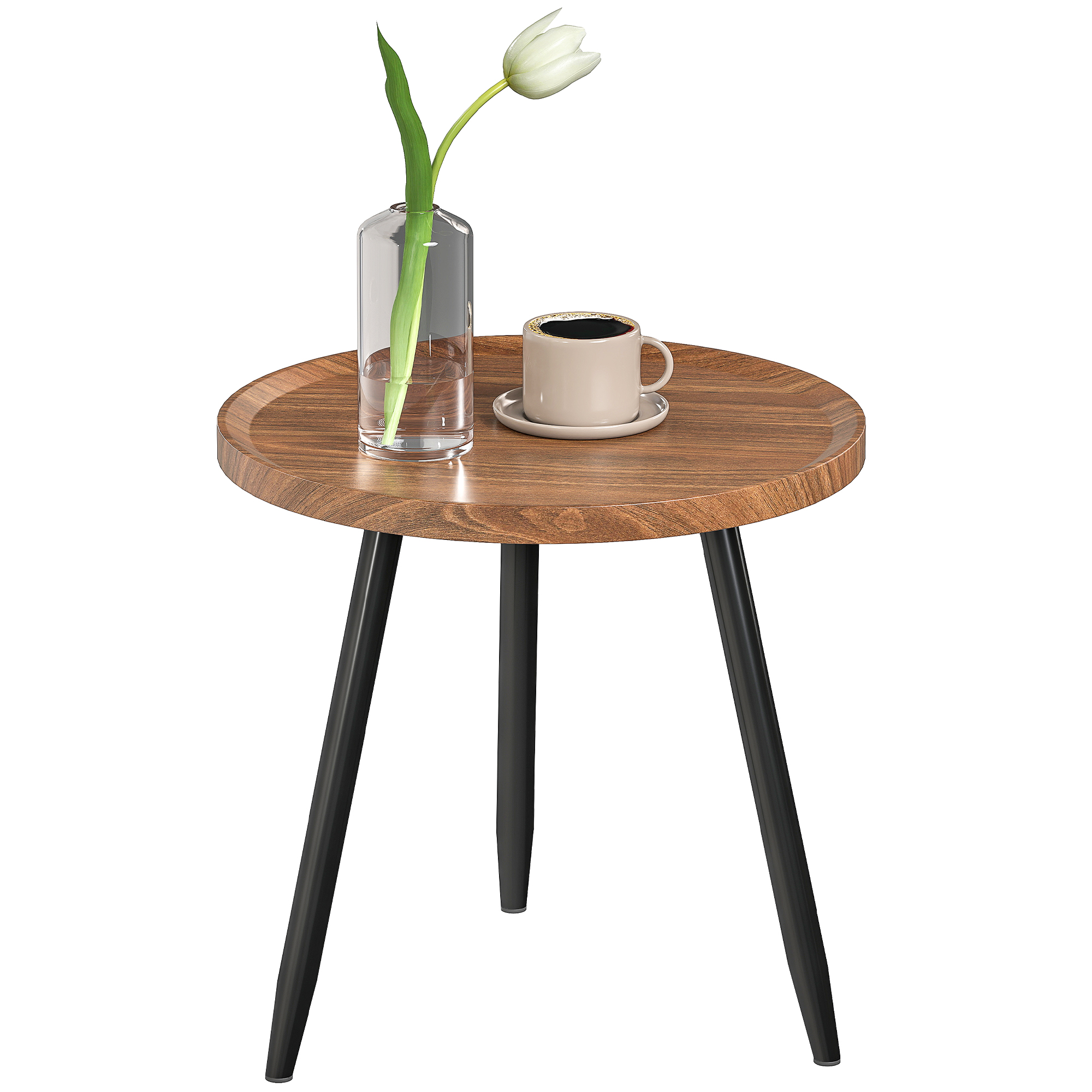Un tavolino rotondo in legno con un tulipano bianco in un vaso e una tazza di caffè. Il tavolo ha gambe nere.