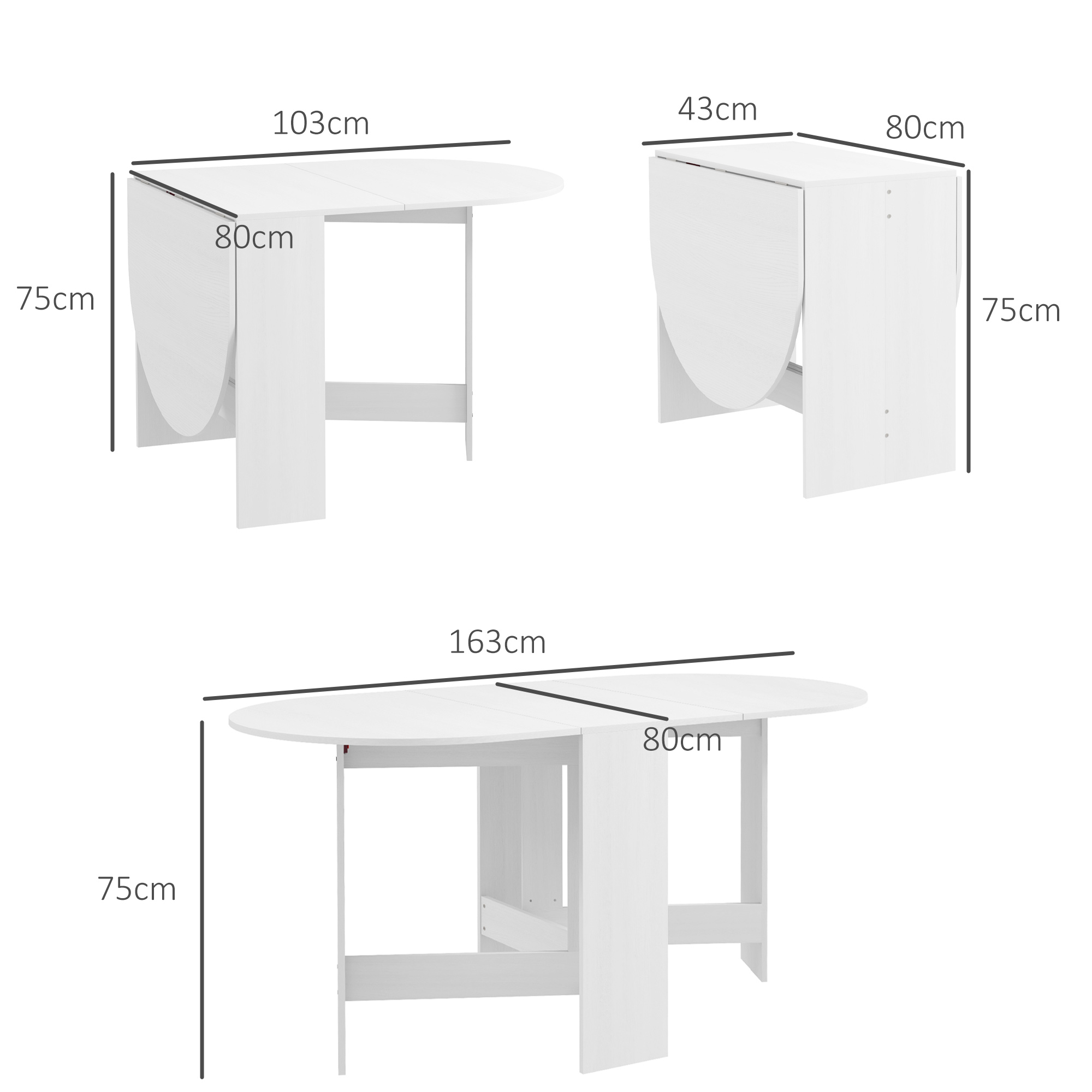 Sono mostrati tre tavoli pieghevoli bianchi, ciascuno con dimensioni etichettate. I tavoli sono in diverse configurazioni: piegati, parzialmente aperti e completamente aperti.