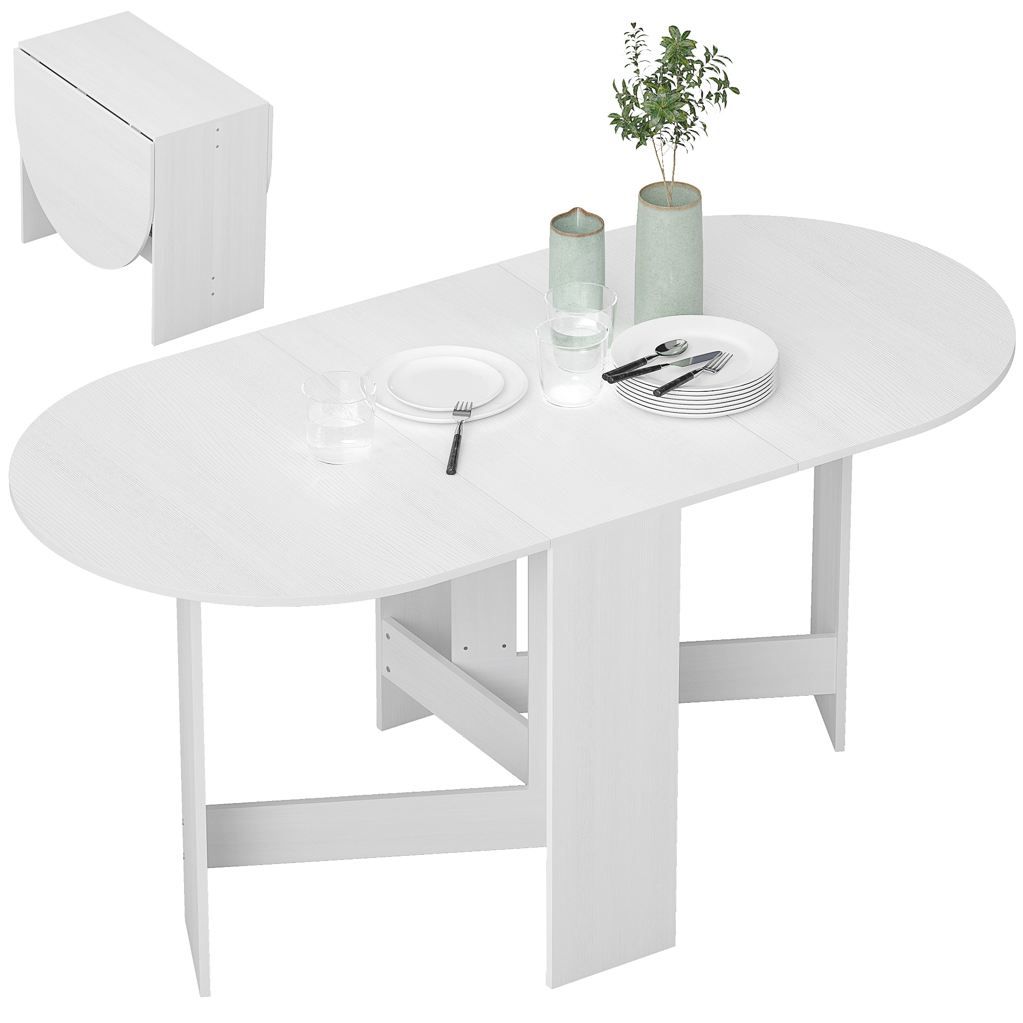 Tavolo ovale bianco con piatti, bicchieri, utensili e un vaso di piante. Viene mostrato anche un tavolo piegato.