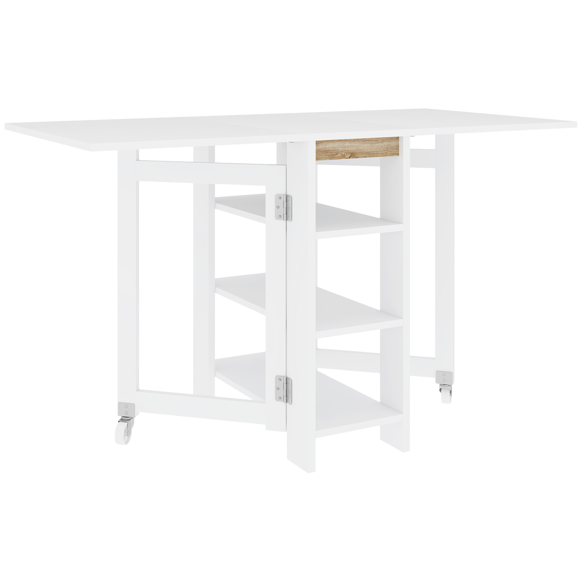 Un tavolo pieghevole bianco con mensole, una sezione in legno e ruote. Su sfondo bianco.